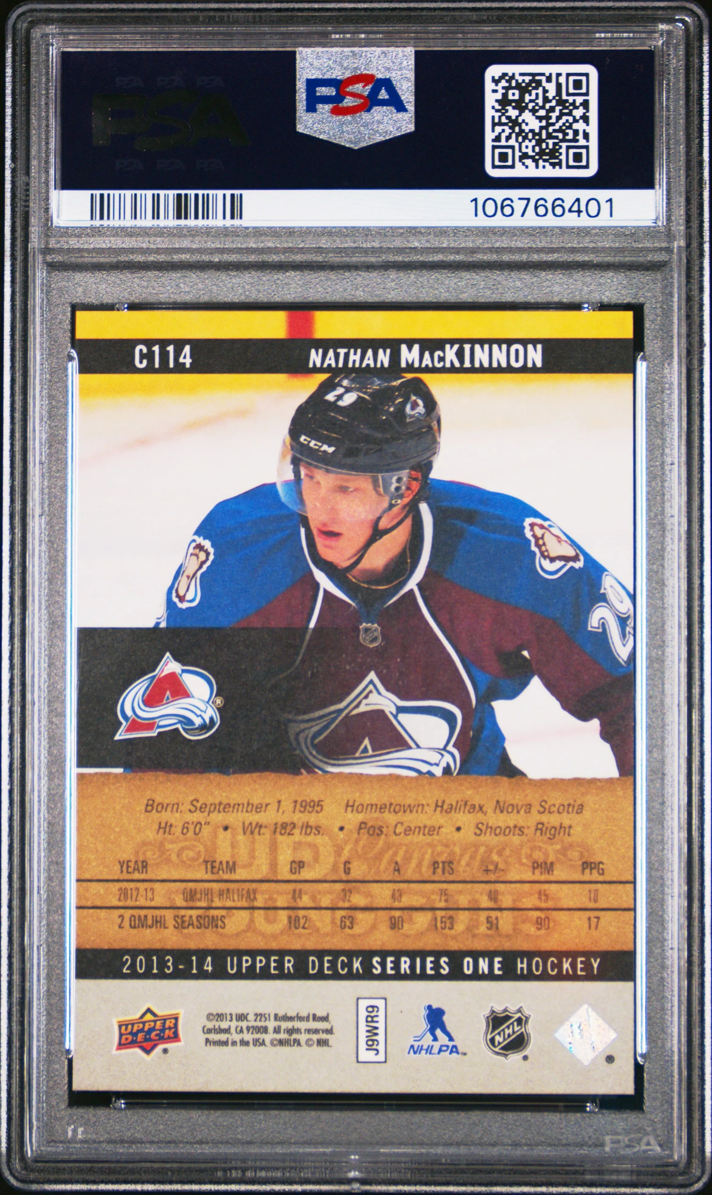 2013-14 Upper Deck Series 1 Nathan MacKinnon Young Guns Rookie Card UD Canvas PSA 10 Gem Mint - Perfect for Hockey Card Collectors & NHL Memorabilia Displays