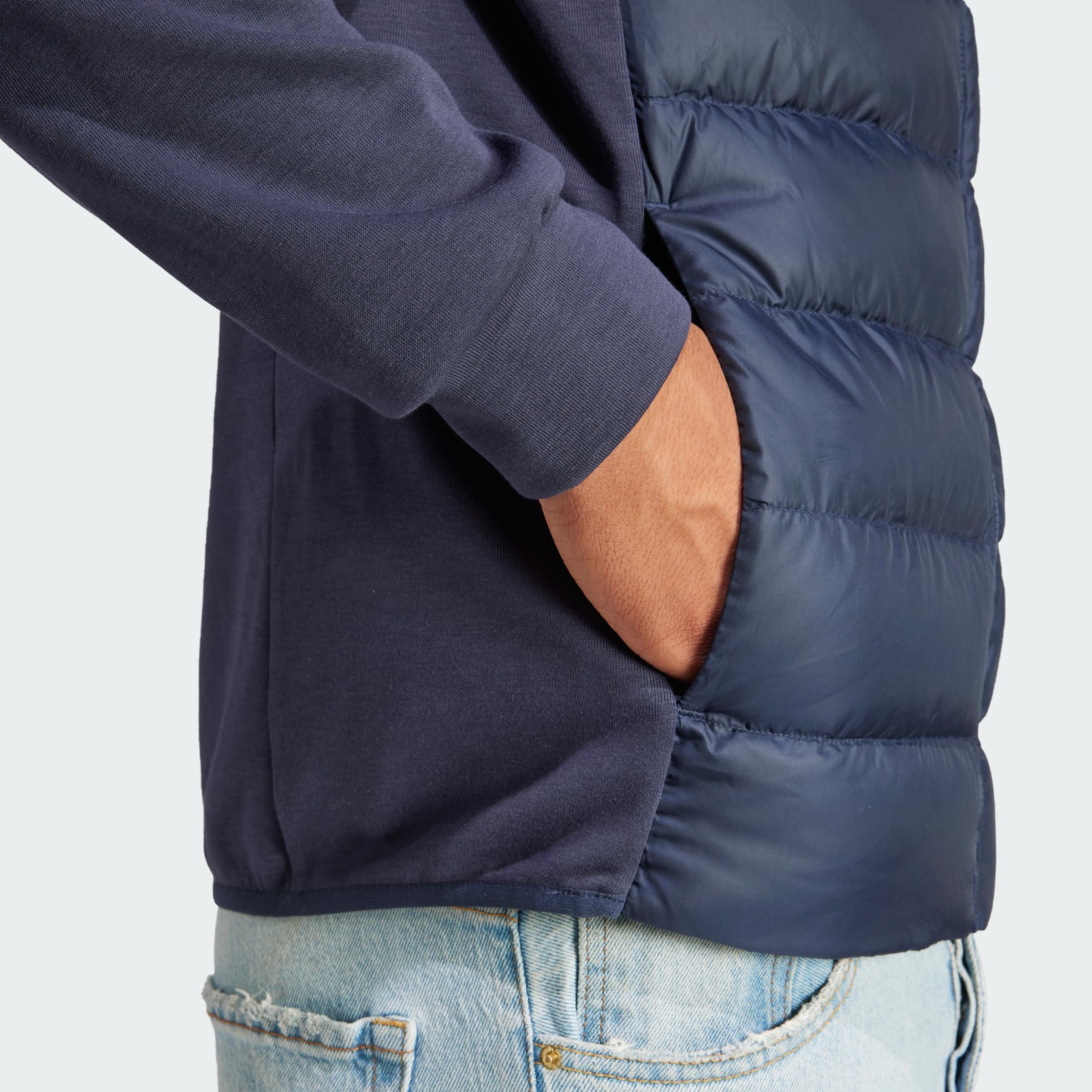 adidas Men's Essentials Hybrid Down Hooded Jacket - Lightweight Warm Winter Coat for Running, Hiking & Outdoor Activities