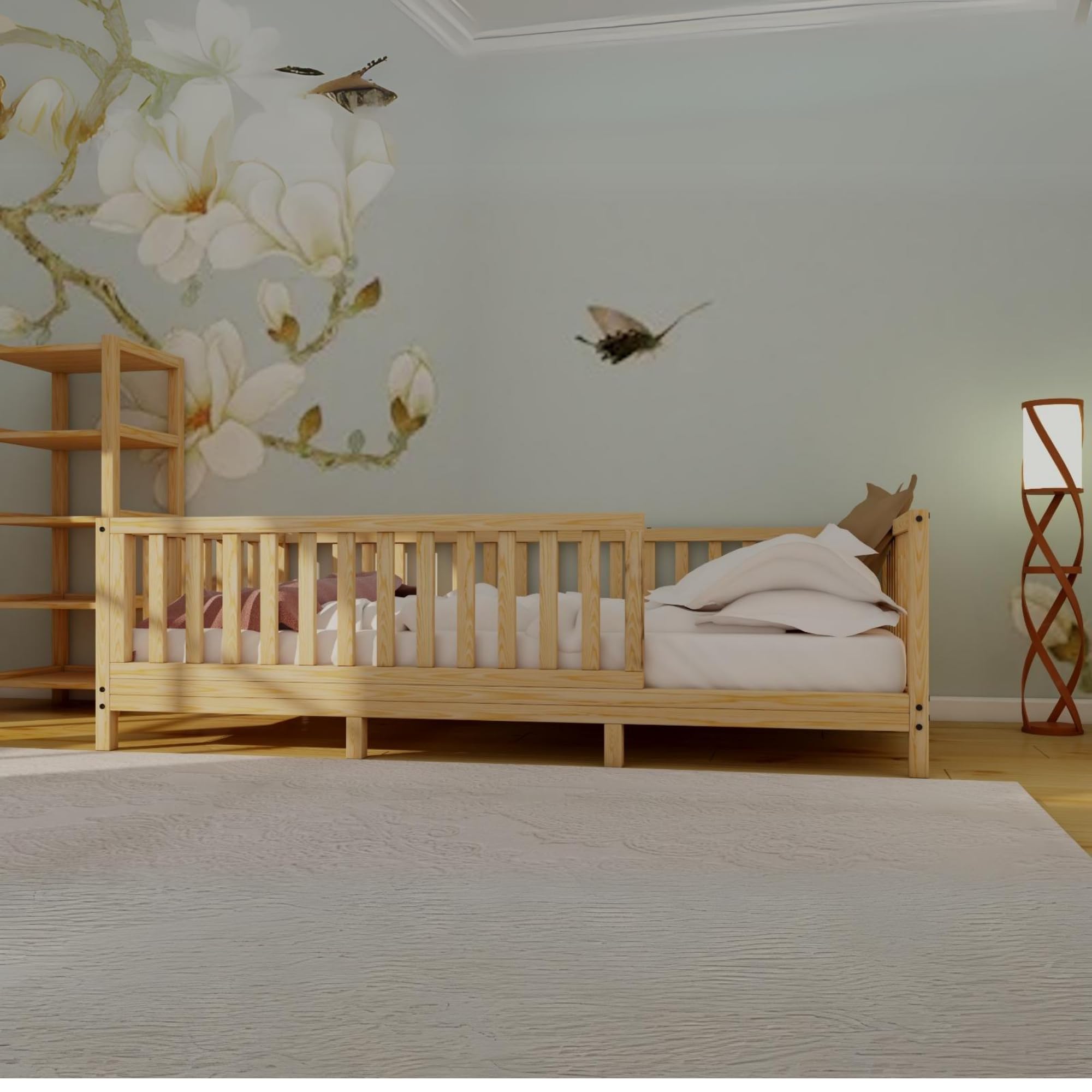 Montessori Floor Bed for Kids - Open Front Design, Solid Pine Wood Frame with Slats | Sturdy & Safe Toddler Bed for Boys & Girls (23
