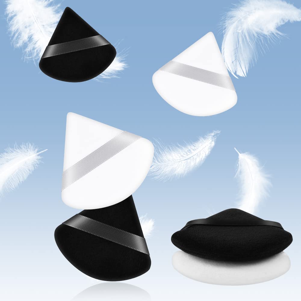 AUAUY 6-Piece Pure Cotton Soft Triangle Wedge Makeup Powder Puffs - Velour Cosmetic Sponge for Loose Powder, Mineral Powder & Body Powder (3 Black + 3 White) | Ideal for Flawless Foundation Application & On-the-Go Touchups