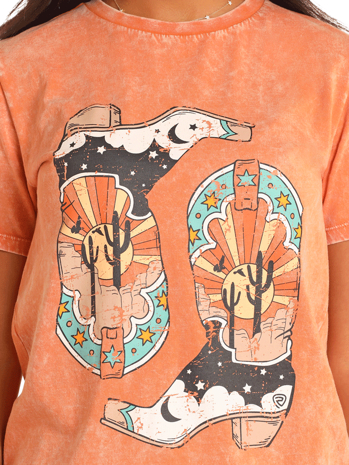Rock & Roll Denim BW21T04518 Women's Boot Graphic T-Shirt Orange - Vintage Band Tee for Concerts, Music Festivals & Casual Outfits