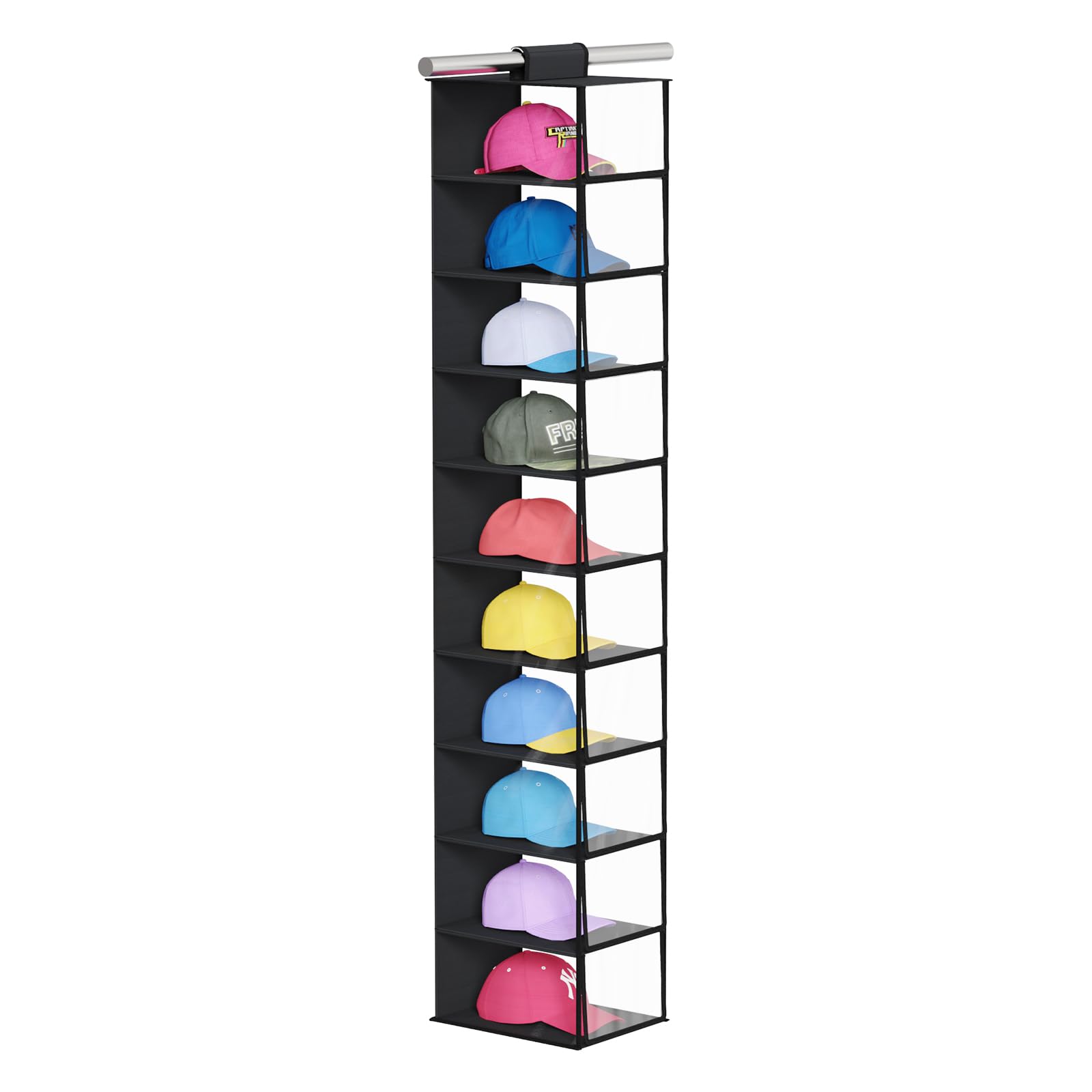 KEEGH 10-Shelf Hat Rack with Dust Cover - Baseball Cap Organizer & Storage for Closet - Clear/Black Hat Holder for Visible Protection - Perfect for Home, Office, and Dorm Organization