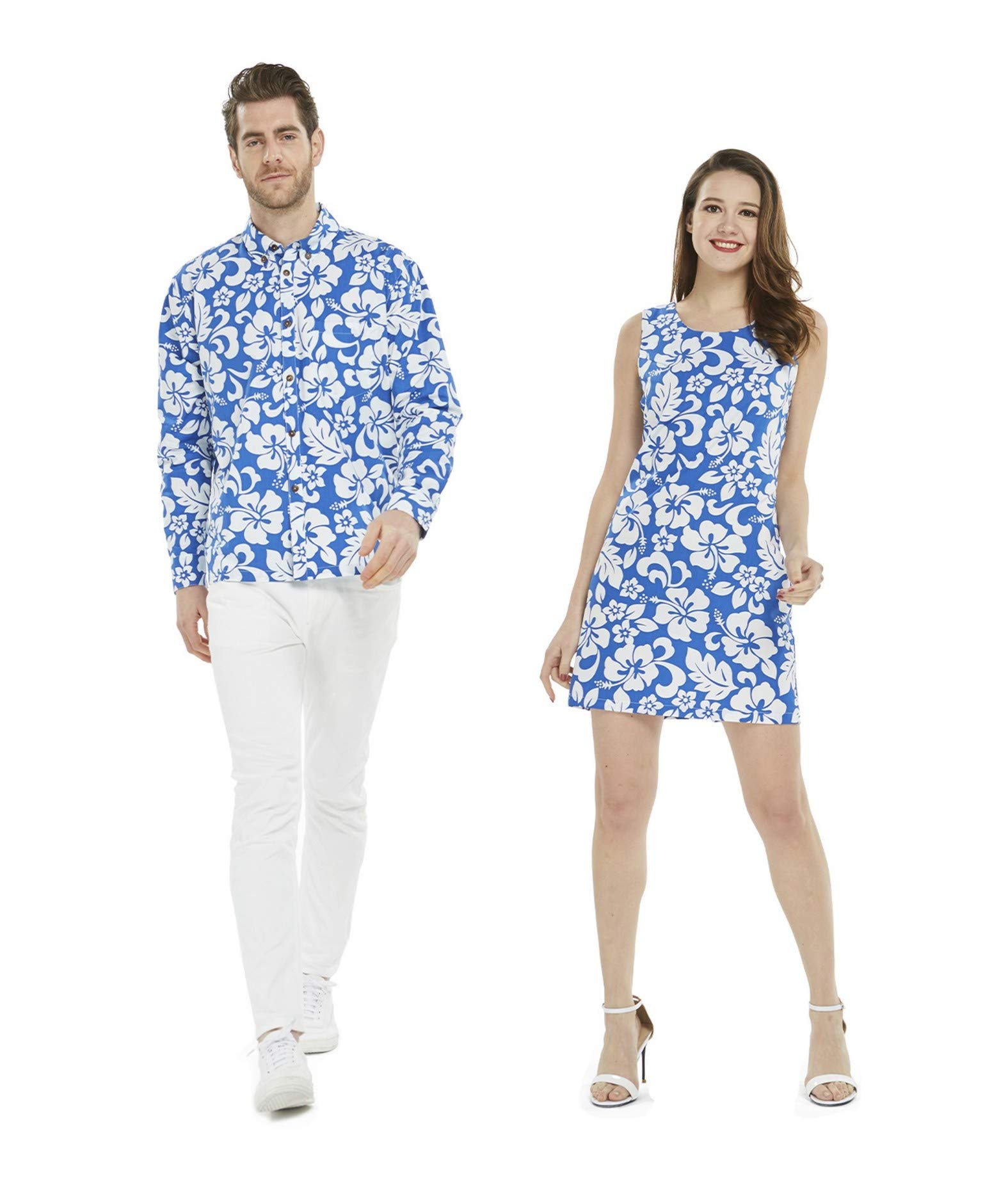 Couple Matching Hawaiian Luau Cruise Outfits - Flamingo in Love Shirts & Dresses for Beach Vacation, Tropical Party, and Honeymoon Getaways
