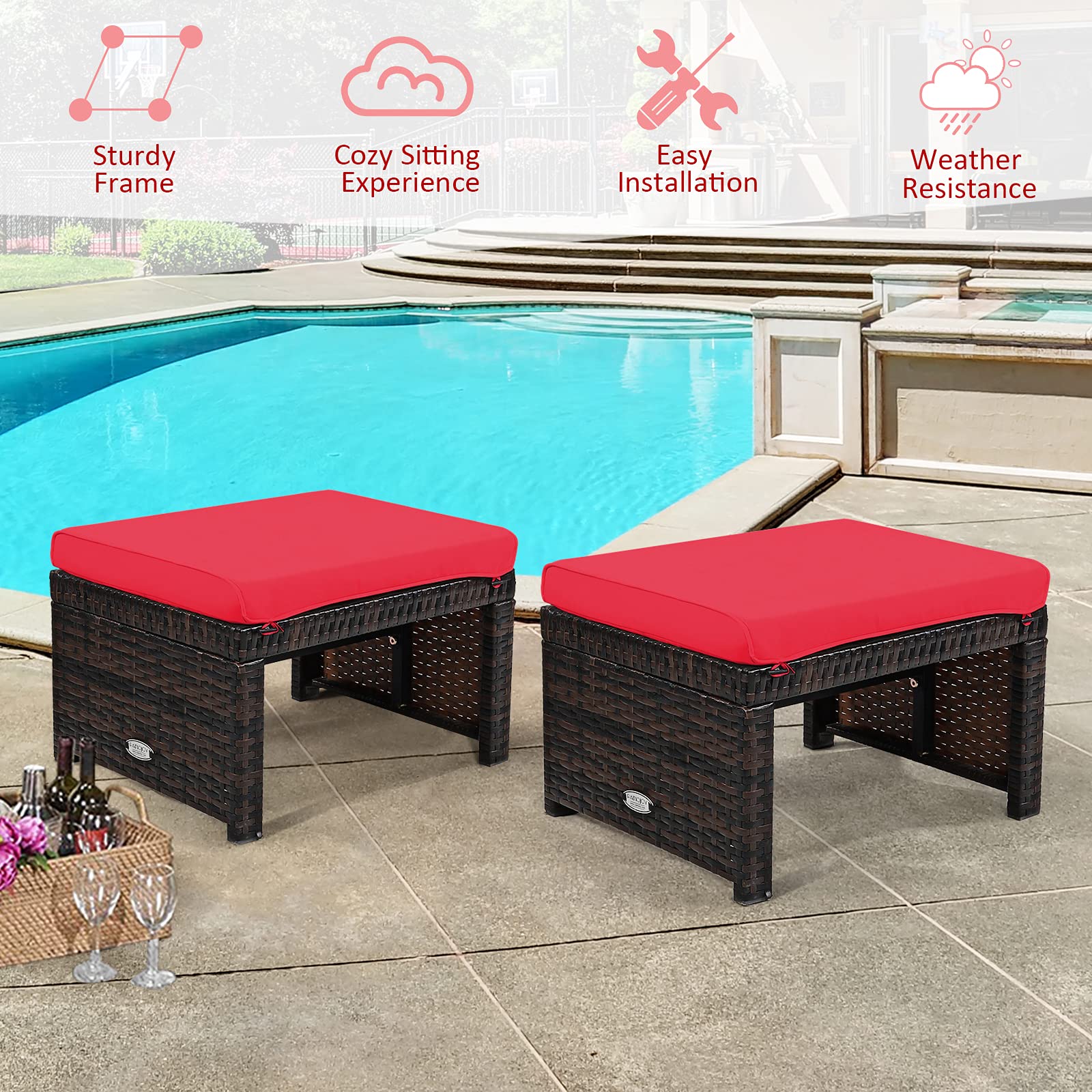 DORTALA 2-Piece Outdoor Wicker Ottoman Set with Cushions - PE Rattan Footrest Stool for Patio, Garden, Poolside, Living Room - Perfect for Relaxing, Lounging & Decor (Red)