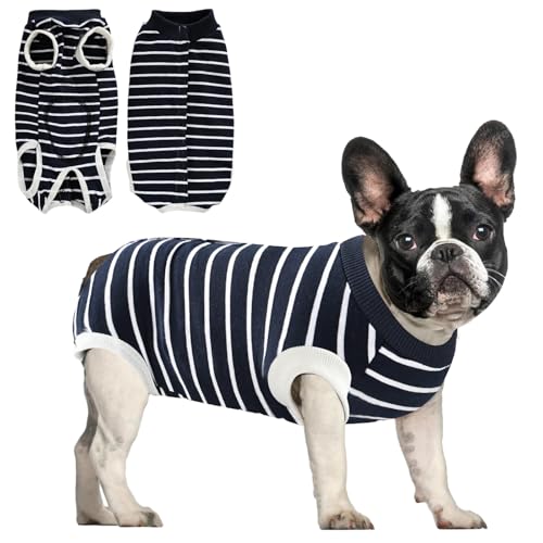 Dog & Cat Recovery Suits - Post-Surgery Protective Wear for Spay/Neuter, Breathable Anti-Licking Surgical Onesie for Female & Male Pets (Blue White Stripes, Size S) - Ideal for Wound Protection & Comfort After Vet Procedures