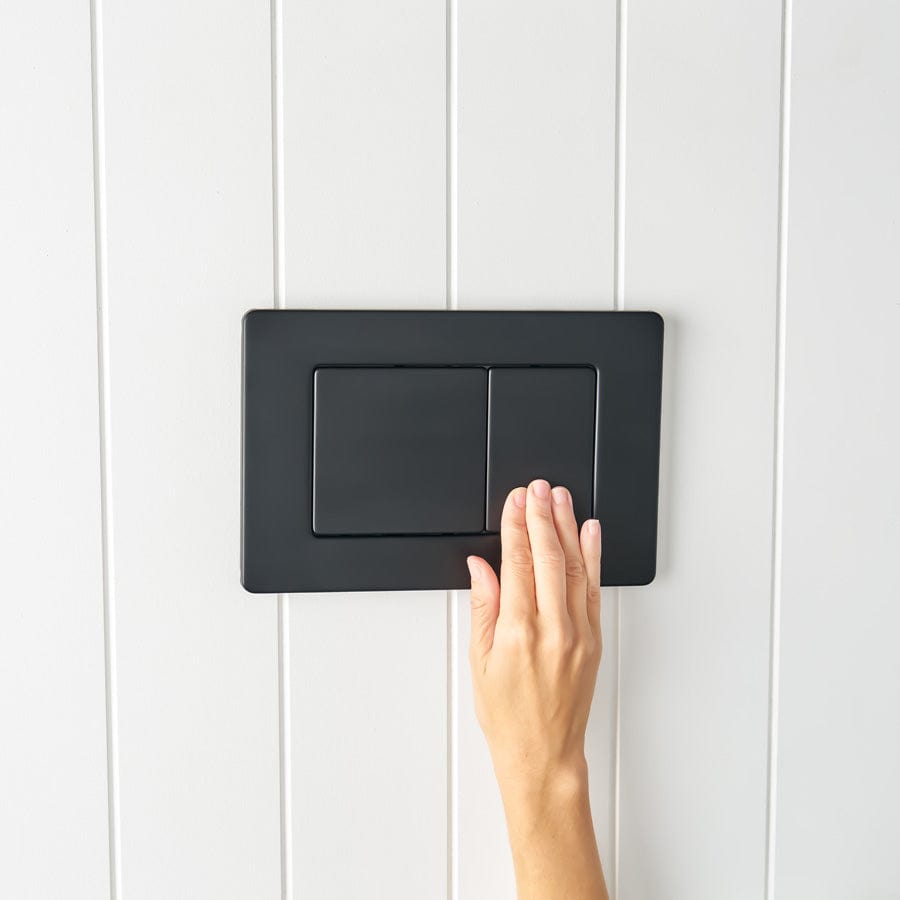 Wall-Mounted Curved Toilet with Rectangle Matte Black Flush Buttons - Space-Saving Modern Bathroom Design for Small Spaces & Contemporary Homes