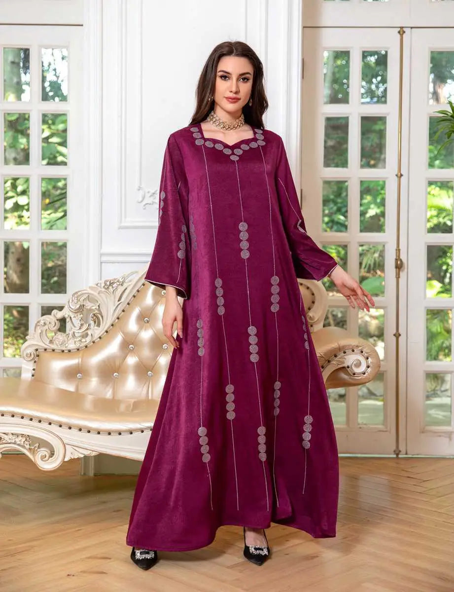 Elegant Hotfix Rhinestone Satin Jalabiya Caftan Dress for Women - Perfect for Eid Celebrations, Weddings & Special Occasions