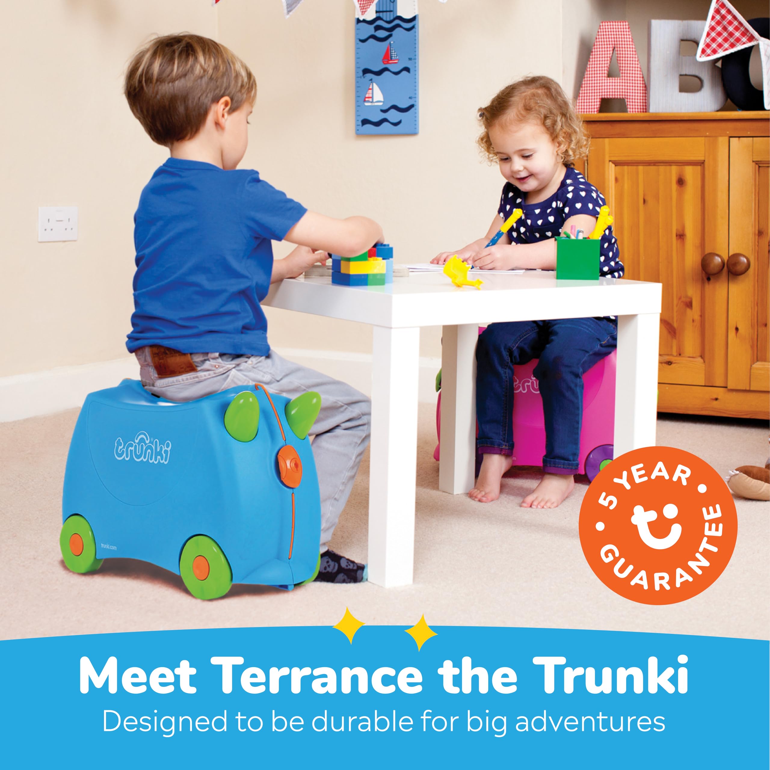 Trunki Ride-On Kids Suitcase - Toddler Luggage with Wheels, Carry-On Travel Bag for Boys & Girls - Airplane Essentials for Kids - Perfect for Family Trips, Airport Adventures & Playtime (Terrance Boy Blue)