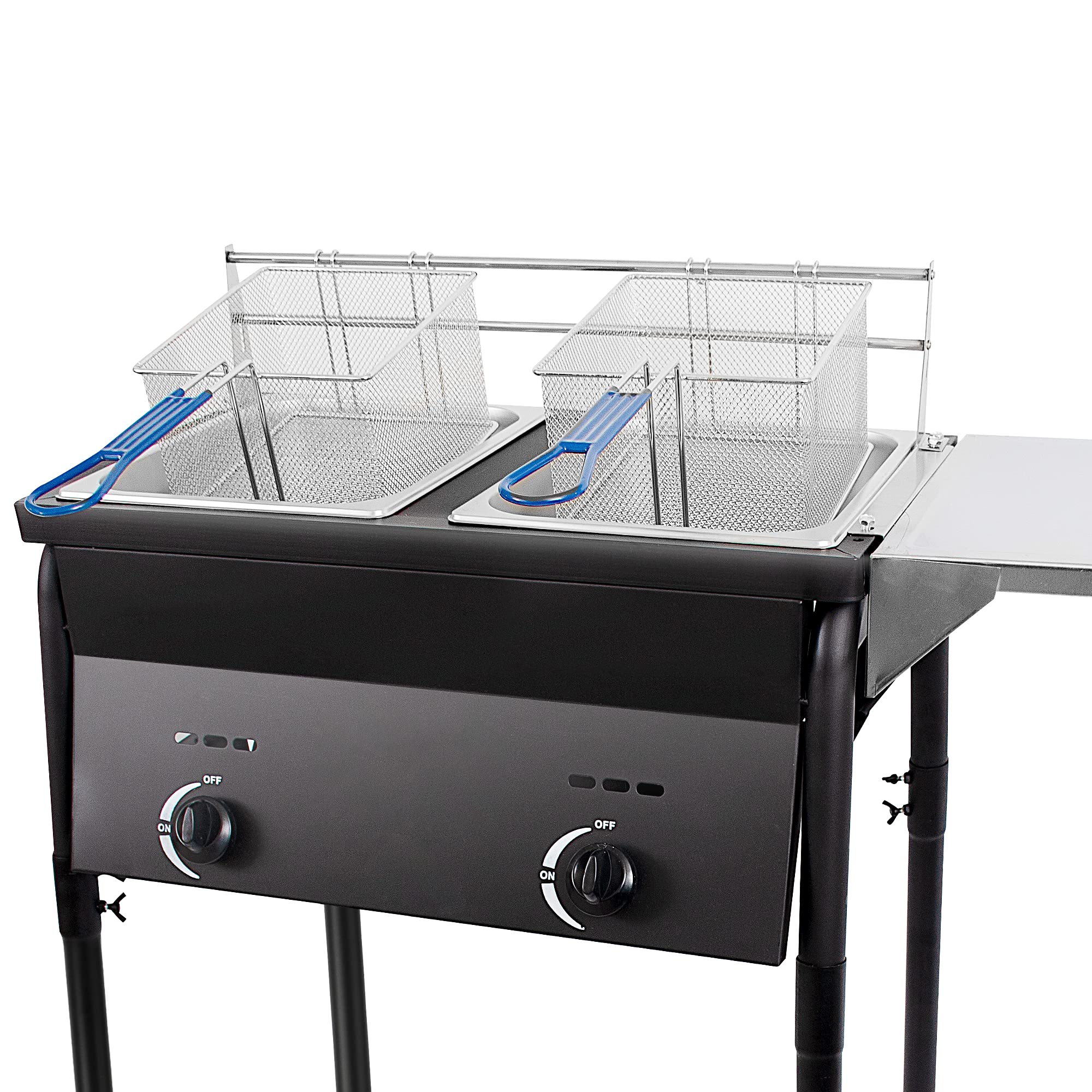 Cast Iron Black Deep Fryer - Dual Tank Outdoor Propane Deep Fryer with 2 Stainless Steel Baskets & Lids - Adjustable Temperature Gas Fryer with Regulating Knobs - Large Oil Capacity for Backyard BBQ, Tailgating & Outdoor Cooking