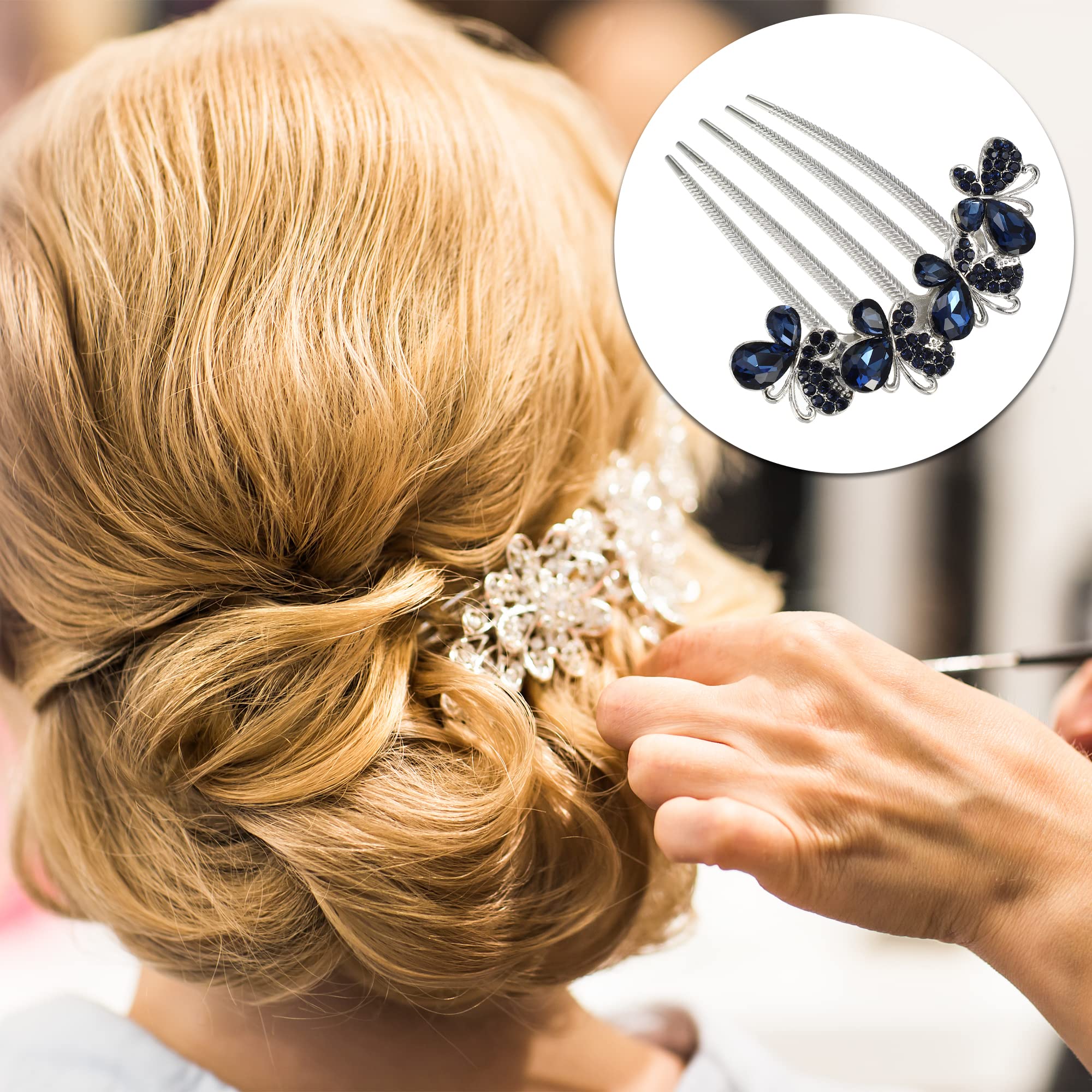 VOCOSTE Rhinestone Flower Hair Comb for Women - Sparkling Hair Accessory with Inlaid Design, Side Comb Clip for Weddings, Parties & Special Occasions - Navy Blue