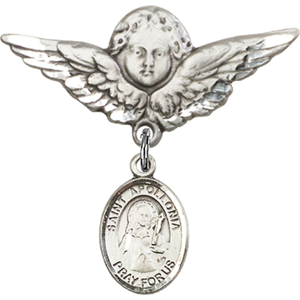 St. Apollonia Sterling Silver Baby Badge with Angel Wing Charm - 1 1/8 Inch Religious Pin for Baptism, Christening & First Communion Gifts