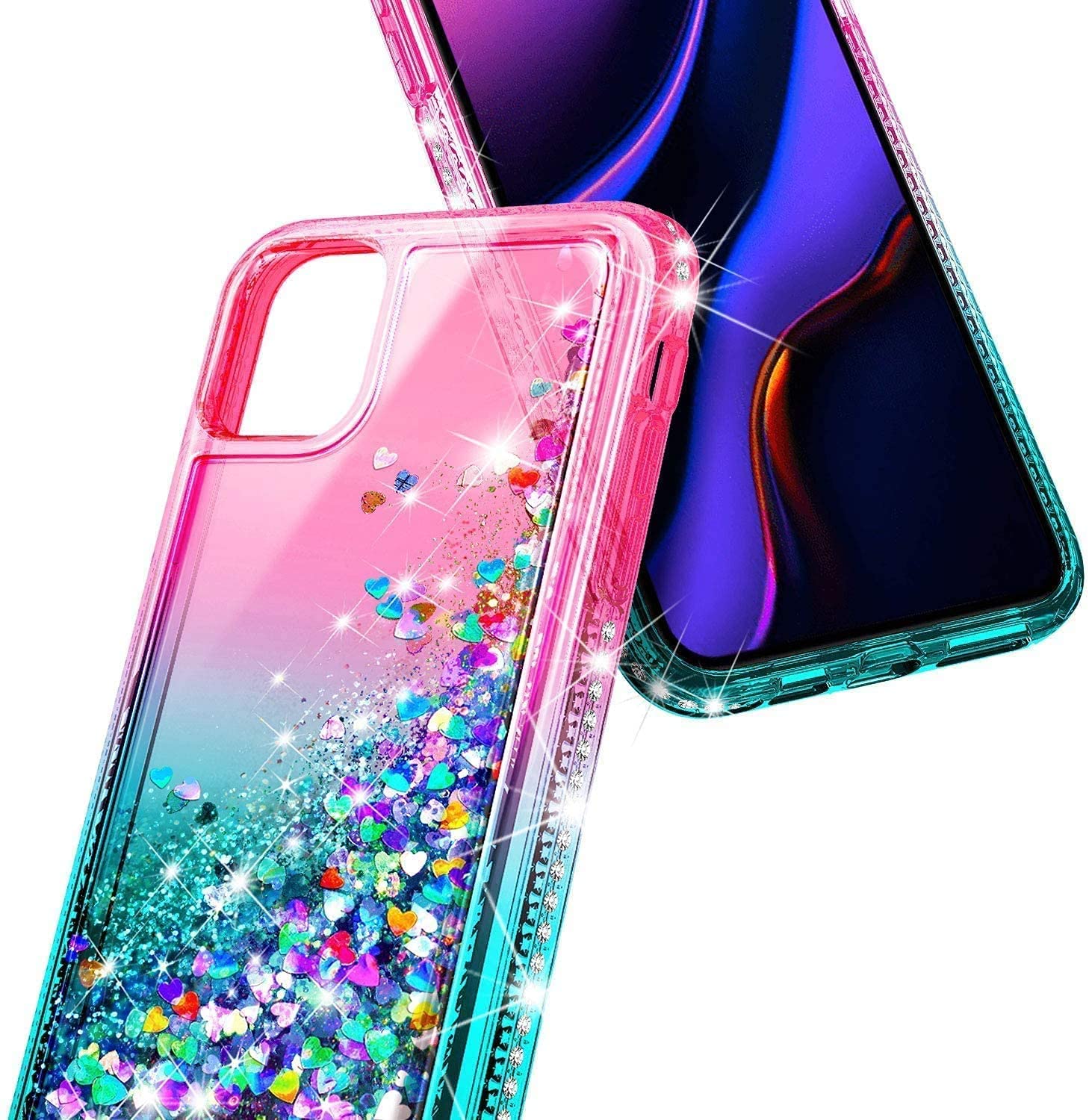 NGB iPhone 11 Case with Tempered Glass Screen Protector - Shockproof Ring Holder & Wrist Strap - Bling Sparkle Glitter Phone Cover for Women Girls (Pink/Aqua) - Perfect for Daily Use, Work, Travel & Fashion Accessories