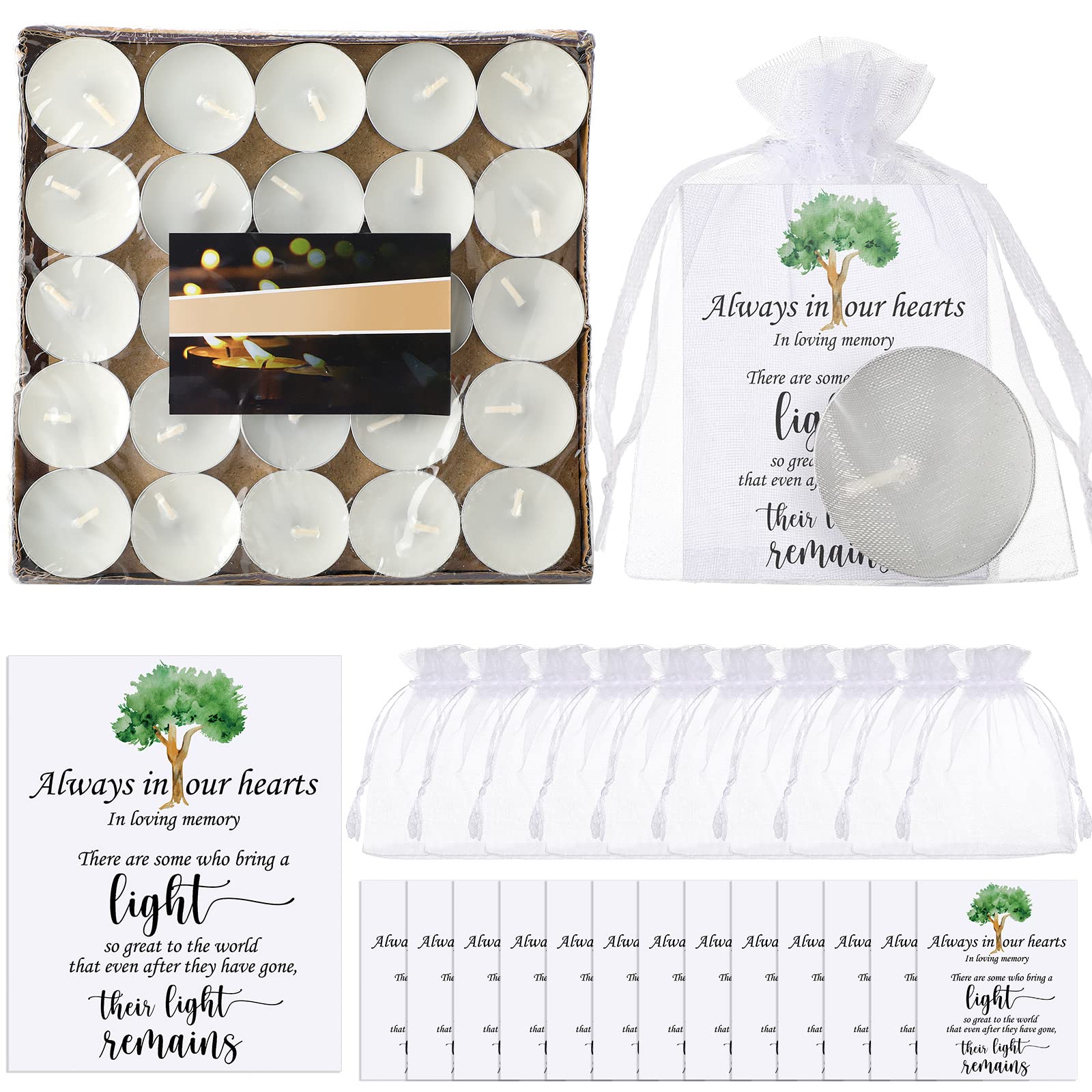 50-Pack Memorial White Unscented Tealight Candles with Condolence Cards & Organza Bags - Funeral Party Favors, Sympathy Gifts for Celebration of Life Decorations - Perfect for Memorial Services, Candlelight Vigils & Remembrance Events