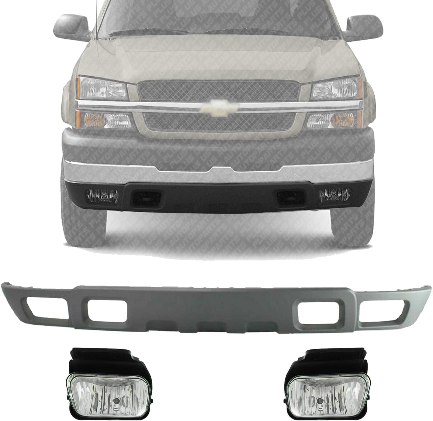 Textured Gray Front Lower Valance with Fog Lights - Direct Replacement for Chevrolet Silverado 1500/2500/3500 (2004-2006) - Right Passenger & Left Driver Side - OEM Part Numbers 10397999, 15791433, 15791434 - Perfect for Off-Roading & Truck Customization