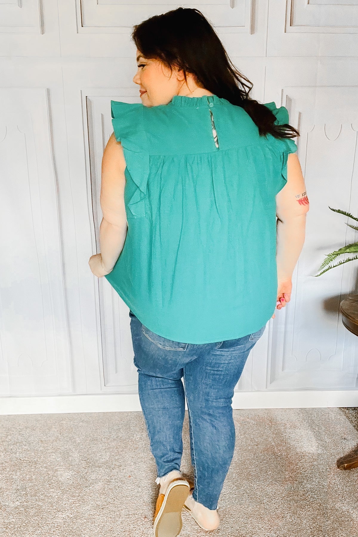 Stylish Turquoise Cotton Mock Neck Flutter Sleeve Blouse for Women | Elegant Frill Details | Perfect for Casual Outings, Date Nights & Summer Fashion