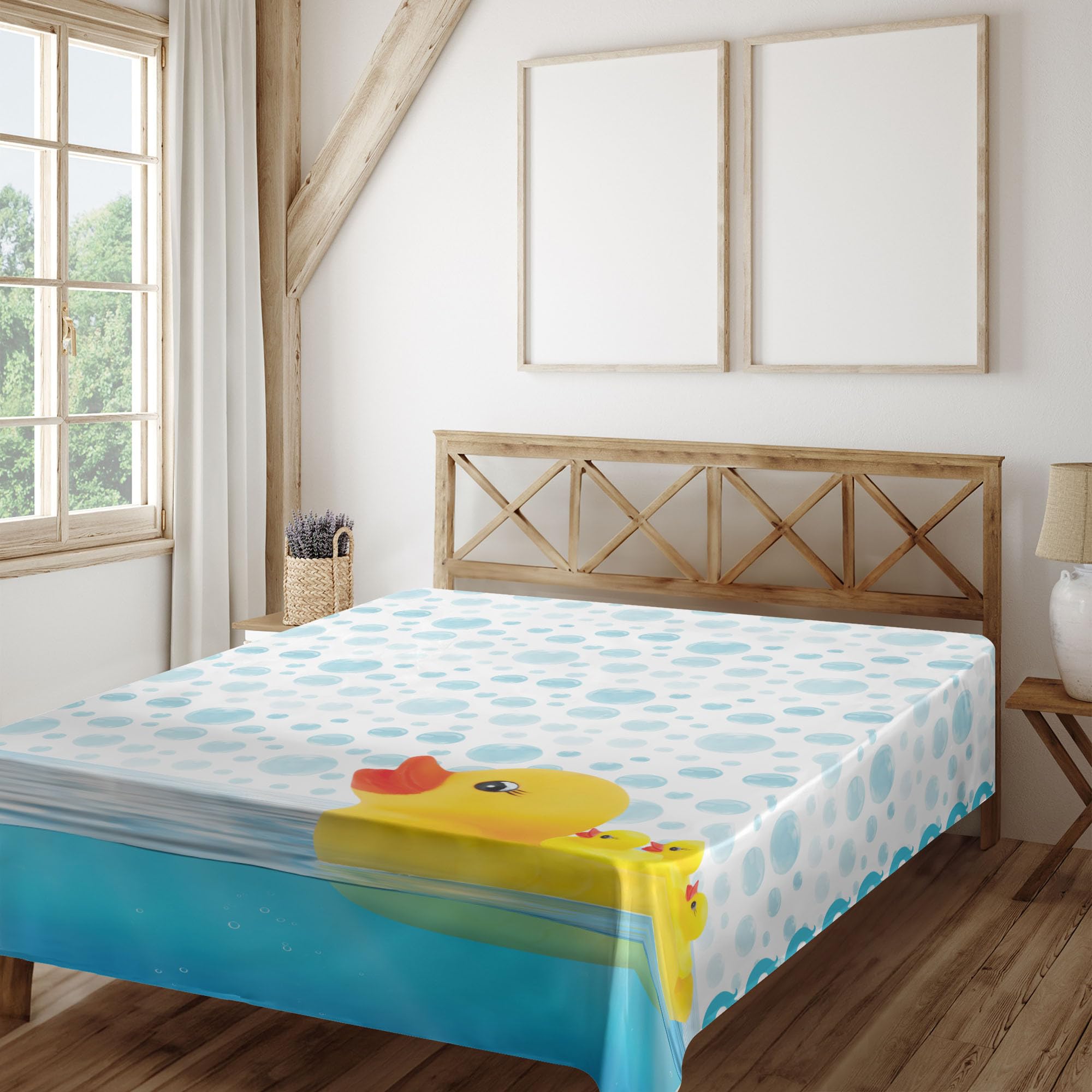 Ambesonne Yellow Duck King Size Flat Sheet - Funny Swimming Rubber Duck with Bubbles & Waves Print - Soft Comfortable Decorative Bedding for Kids Room, Nursery or Beach House - Sky Blue Yellow White