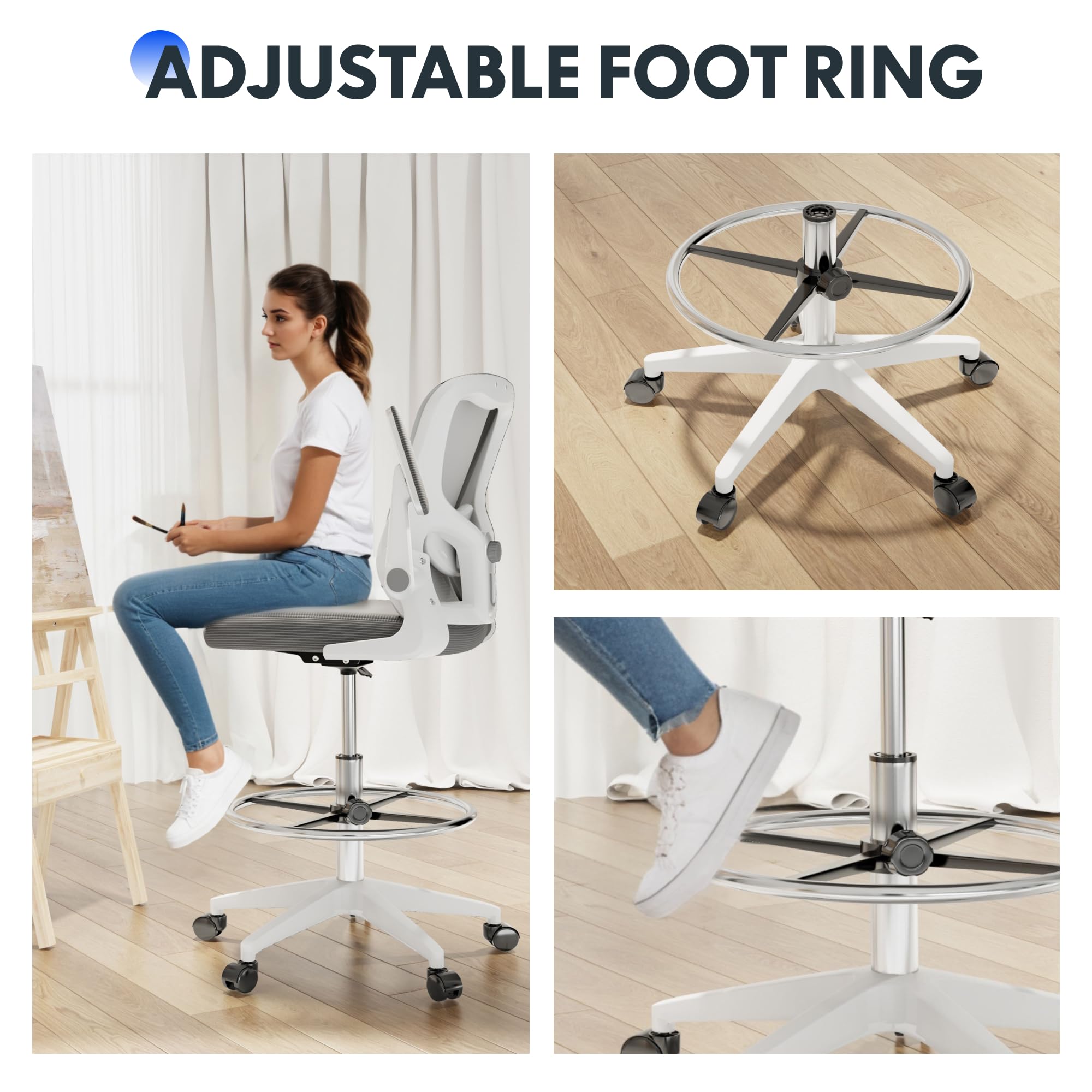 FLEXISPOT Ergonomic Drafting Chair - Adjustable Height Office Chair with 2D Lumbar Support, 3D Flip-Up Armrests, Breathable Mesh Back & Foot Ring - BIFMA Certified for Home Office, Artists, Musicians - Ideal for Standing Desks, Drawing, Guitar Playing, Studio Work & Long Work Sessions (White)