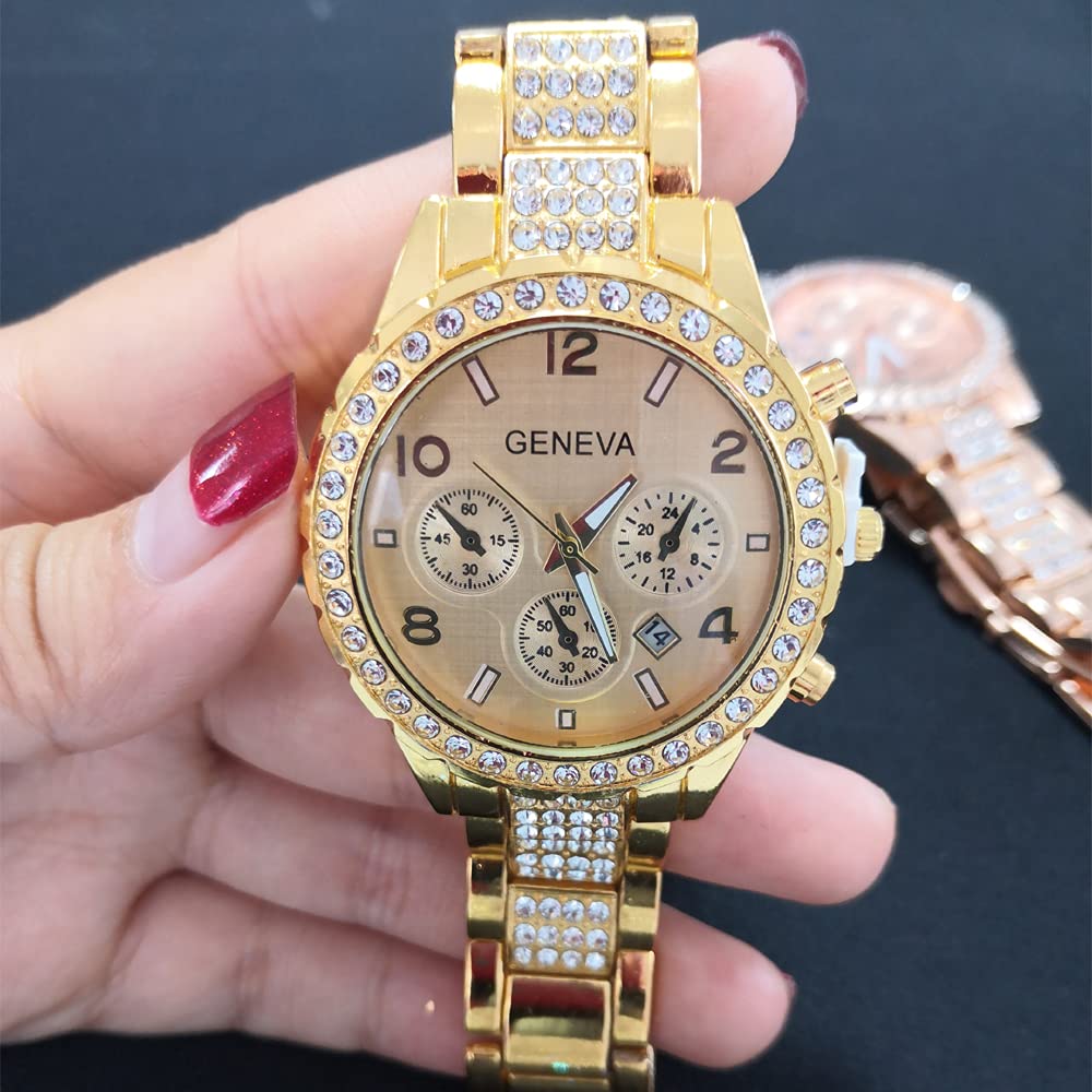 3 Pack Luxury Unisex Pave Crystal Digital Calendar Quartz Watch - Rose Gold & Silver Stainless Steel Bracelet Watches for Men & Women | Perfect for Gifts, Business, and Formal Occasions