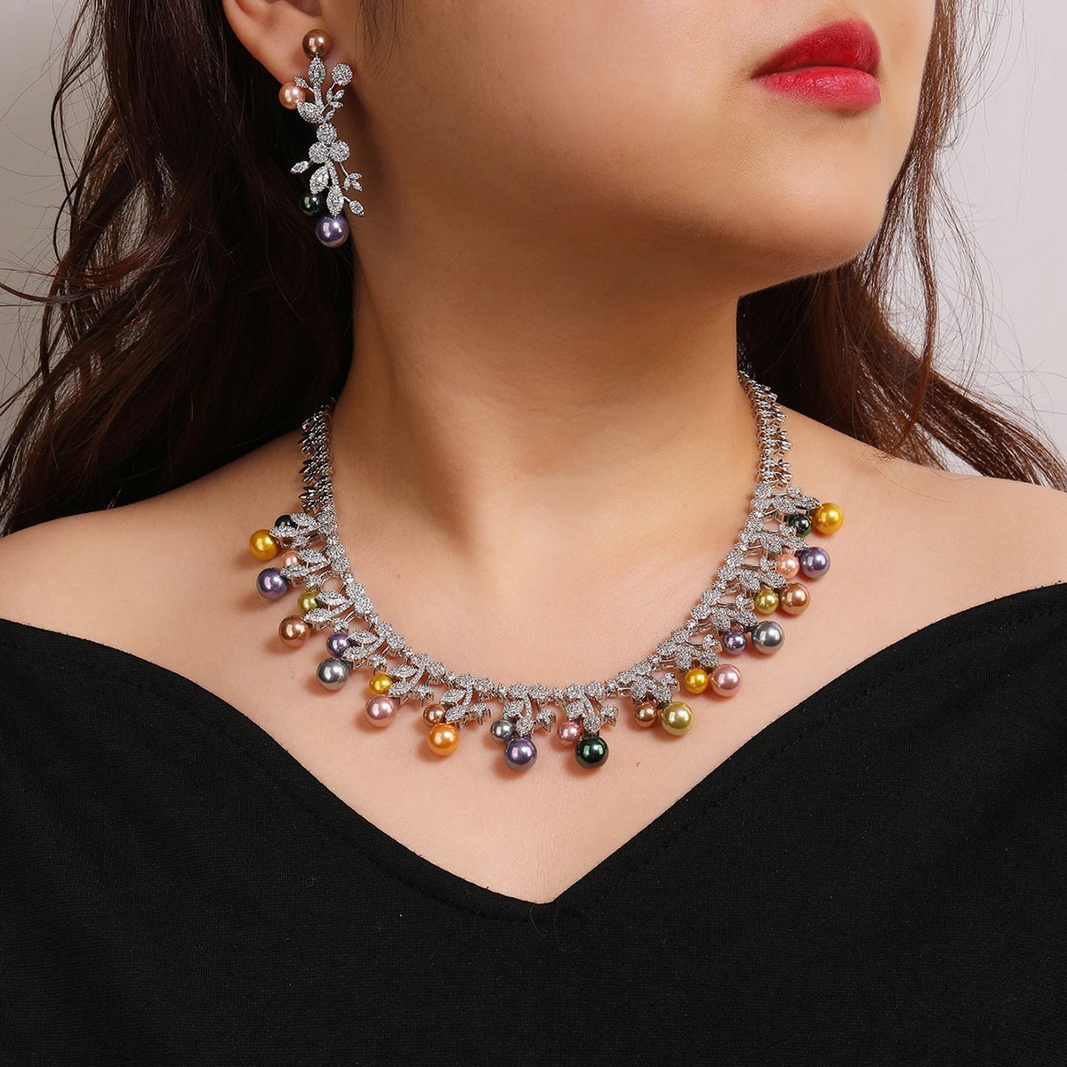 4 Colors Elegant White Cubic Zirconia Pearl Necklace Set - Women's Bridal Wedding Jewelry | Perfect for Parties, Anniversaries & Special Occasion Gifts CN11576