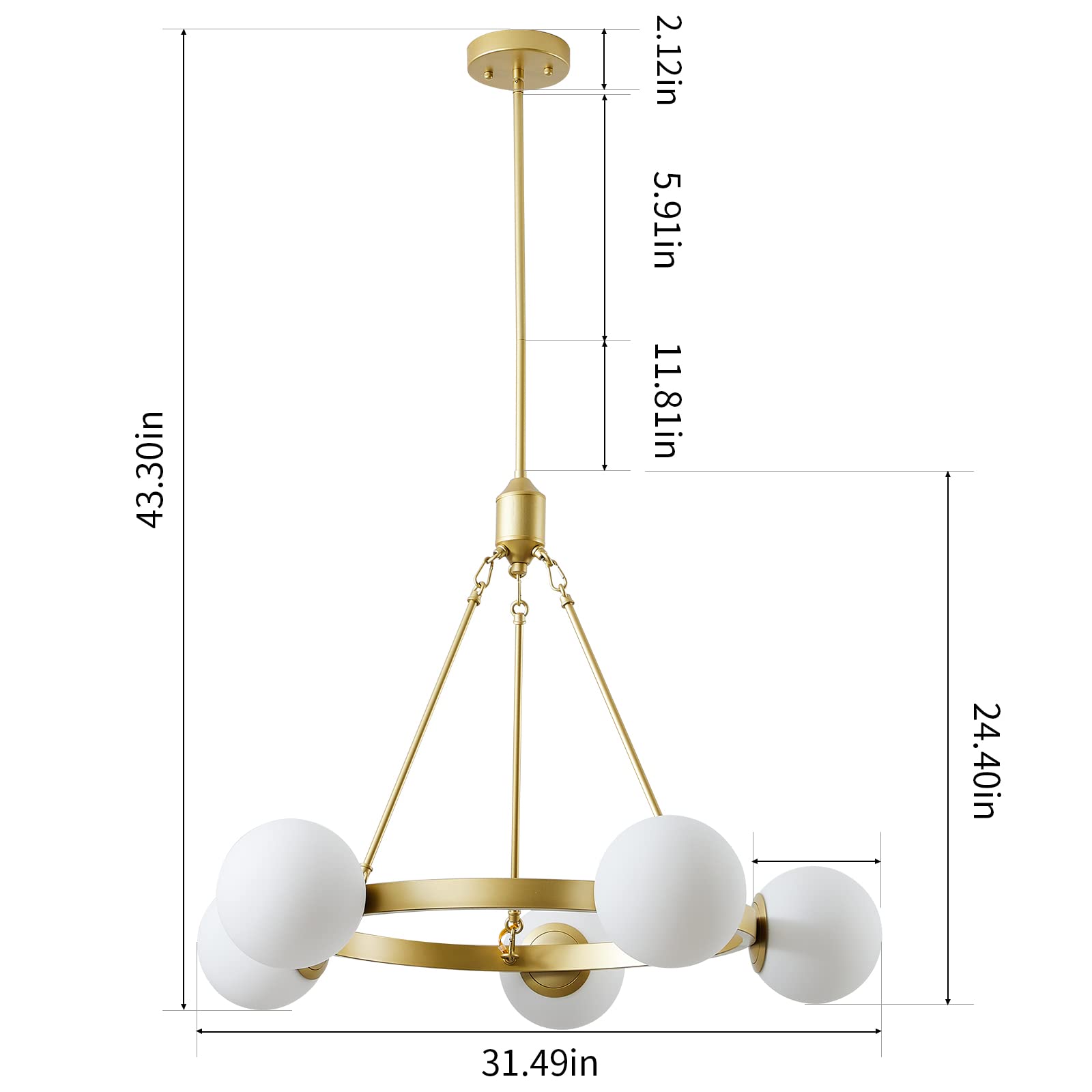 5-Light Mid Century Modern Gold Globe Chandelier - Round Pendant Light Fixture for Dining Room, Living Room, Foyer & Bedroom - Perfect Over Table Lighting & Stylish Home Decor
