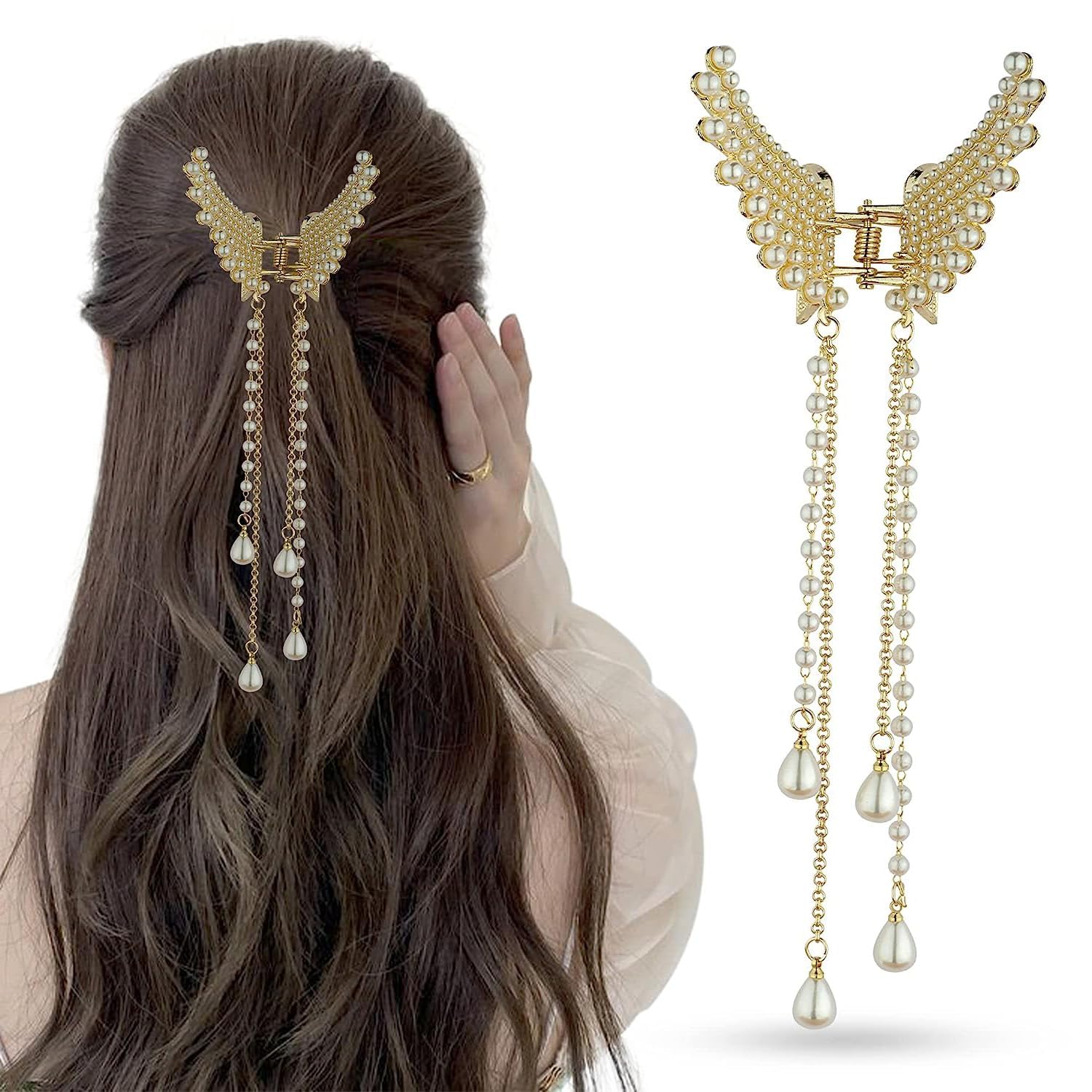 1PC 3D Butterfly Wing Hair Clip with Pearl Tassel - Elegant Hair Claw for Women & Girls, Perfect Hair Accessory Gift for Parties, Weddings & Daily Styling