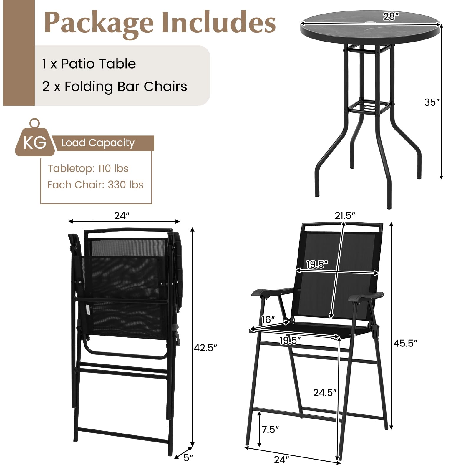 COSTWAY 3-Piece Outdoor Bistro Set with DPC Tabletop & Umbrella Hole - Round Patio Table & 2 Folding Bar Stools - Perfect for Poolside, Deck, Porch, Garden or Backyard Dining - Black