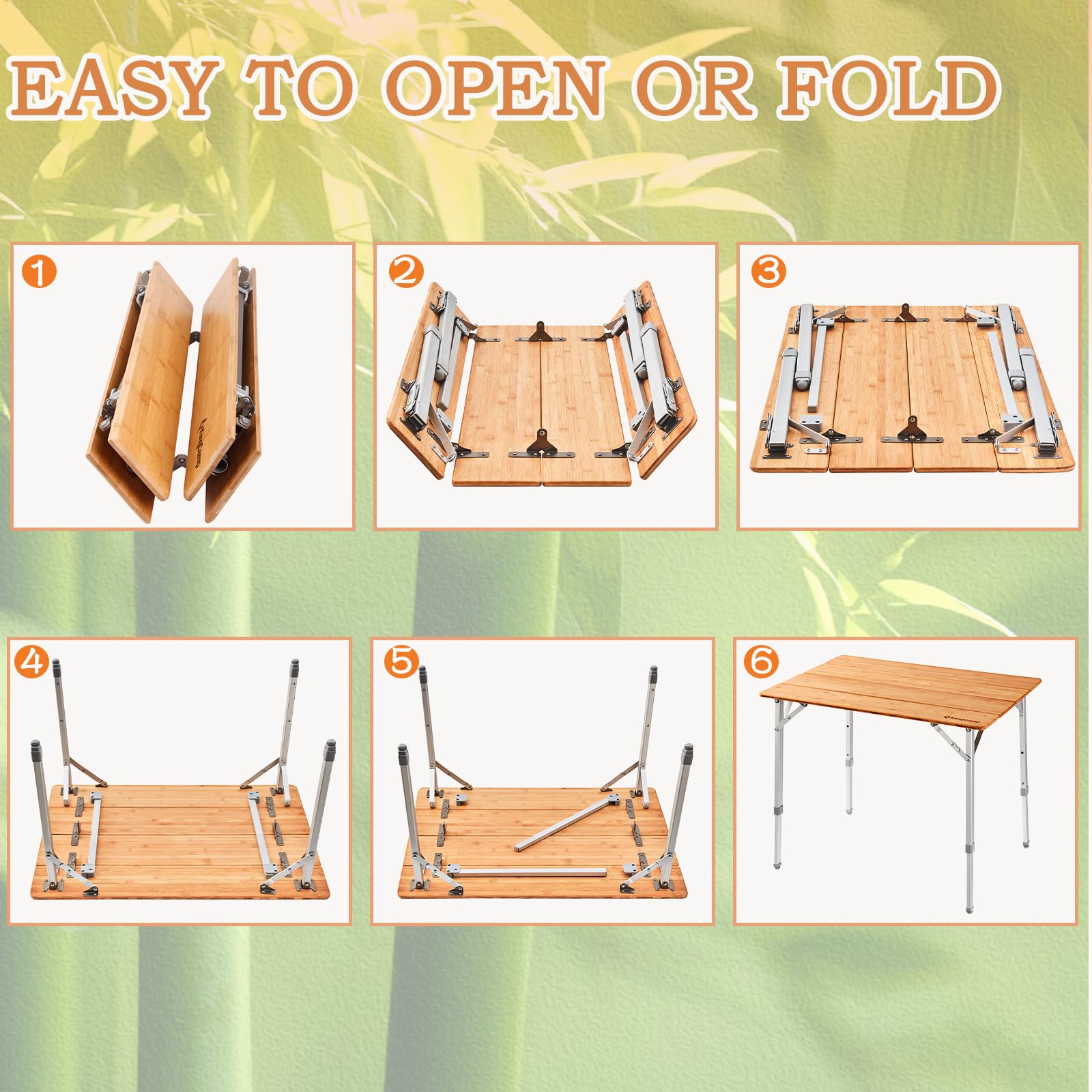 KingCamp Adjustable Height Bamboo Camping Table - Heavy Duty 4-Fold Portable Folding Table with Aluminum Legs (176lbs Capacity) - Perfect for Outdoor Camping, Picnics, RV Trips & Family Gatherings (4-5 People)