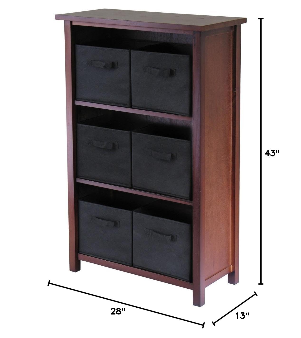 Verona 3-Section M Storage Shelf with 6 Foldable Black Fabric Baskets (Part No. 94281) - Perfect for Closet Organization, Kids Room Storage & Home Office Supplies