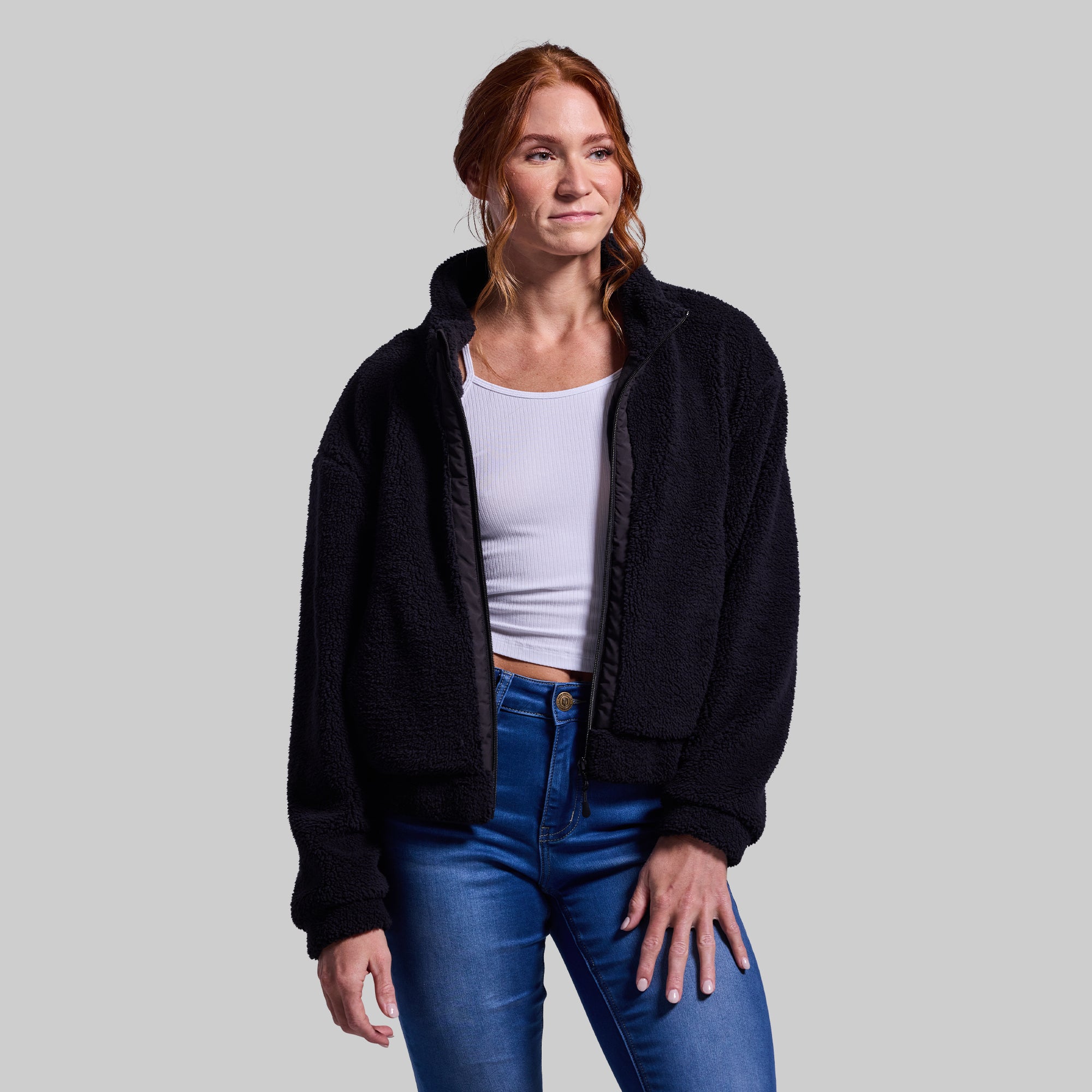 Women's Black Cropped Fleece Jacket - Cozy Winter Outerwear for Casual Wear & Outdoor Activities | Perfect for Layering, Running Errands & Fall Fashion