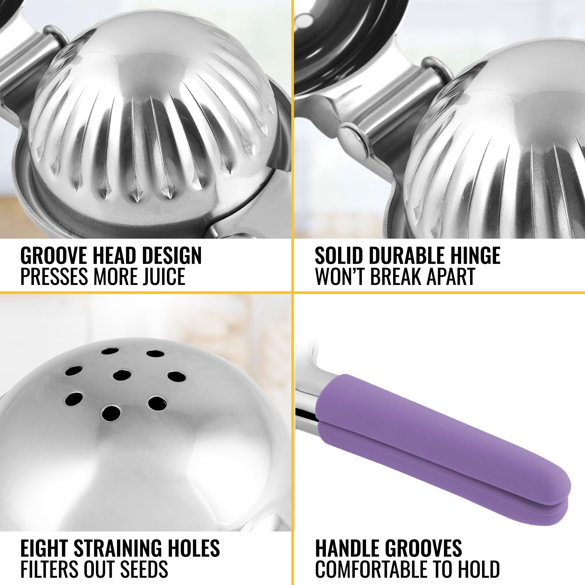 Premium Stainless Steel Lemon Squeezer - Heavy Duty Manual Citrus Juicer with Non-Slip Silicone Handles for Lemon, Lime & Orange - Large Metal Fruit Press for Kitchen, Bar & Restaurant Use (Purple)