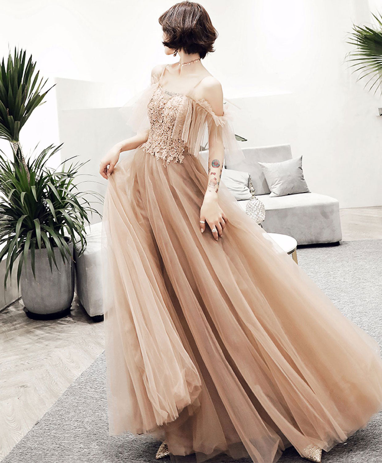 Elegant Champagne Tulle Lace Long Prom Dress | Formal Evening Gown for Homecoming, Wedding, and Special Occasions