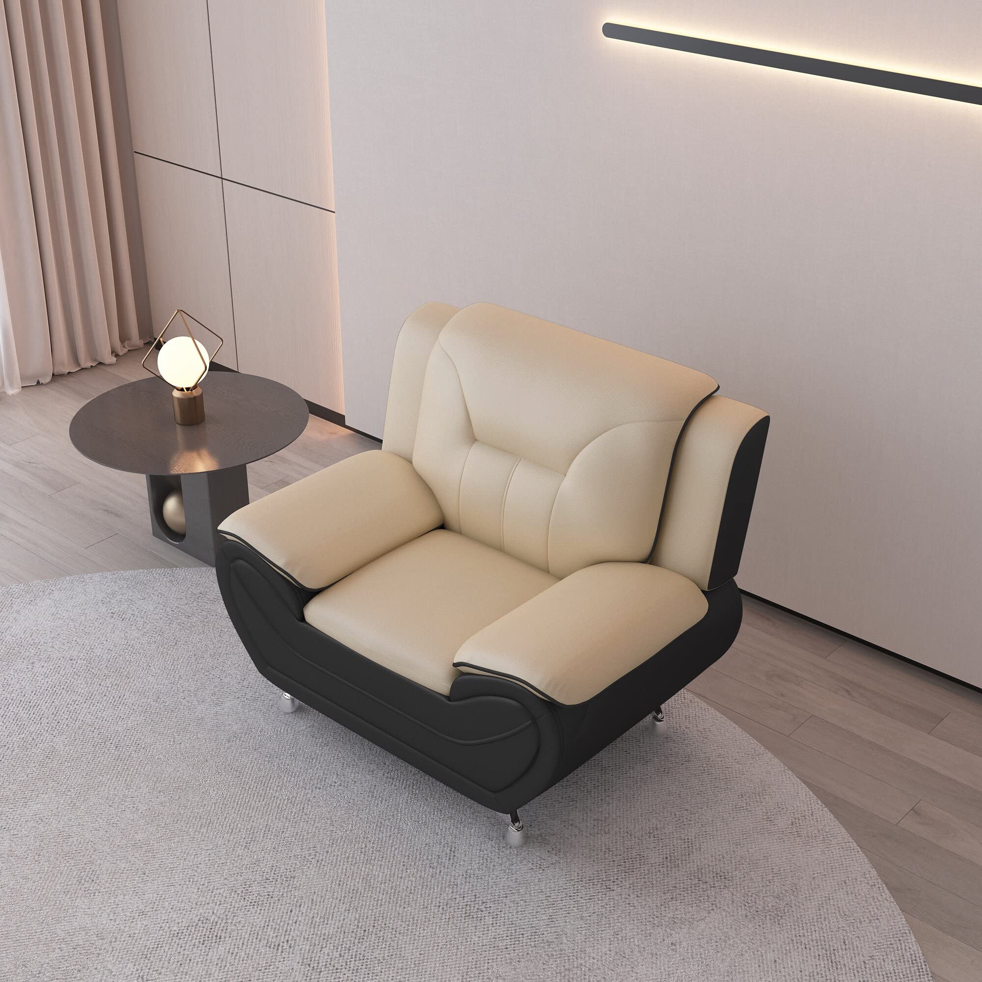 Michael Modern Faux Leather Accent Chair with Stainless Steel Legs - Mid-Century Style Living Room Armchair in Camel/Black - Perfect for Lounge, Office or Reading Nook