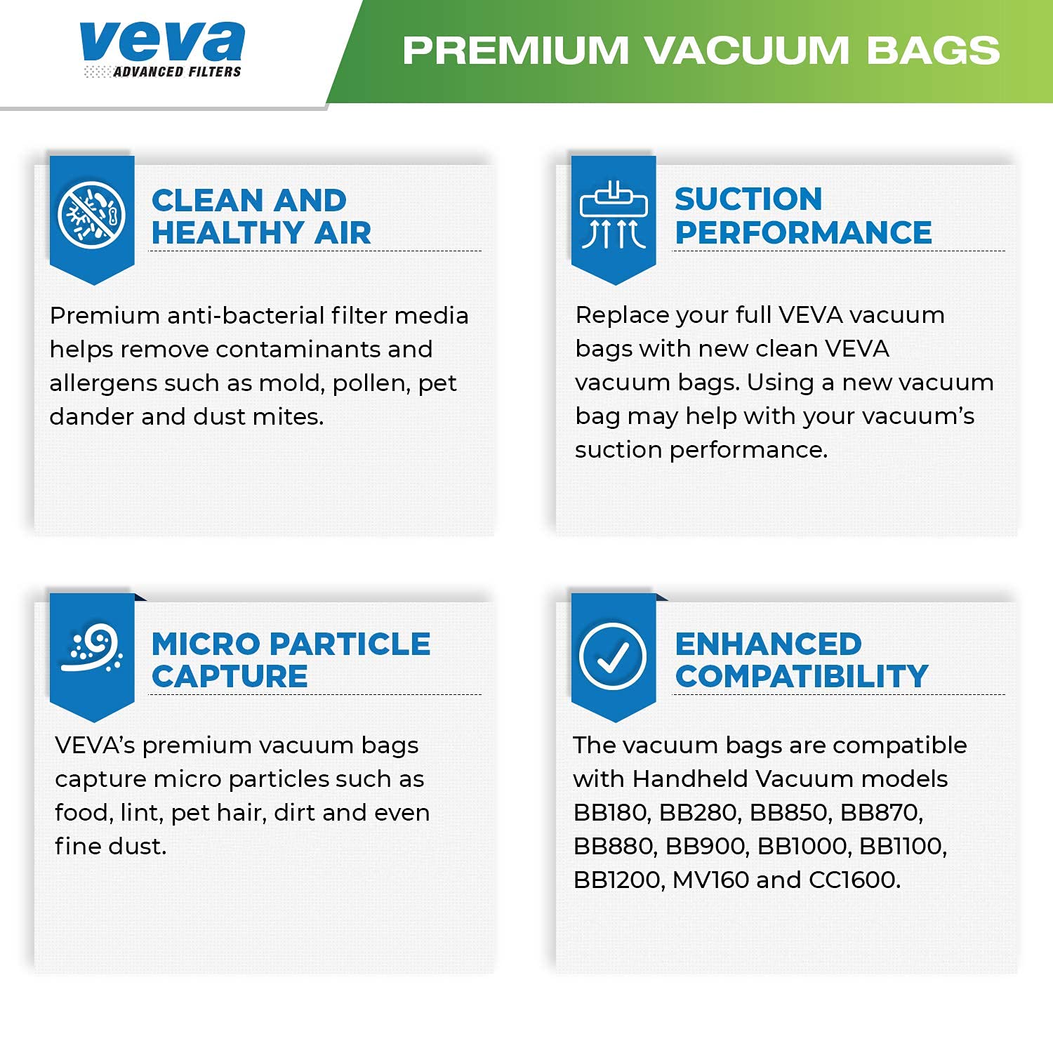 VEVA 40 Pack Premium SuperVac Vacuum Bags Style BB - Compatible with Handheld Vacuums BB180, BB280, BB850-1200 | Replacement Filters for Dust & Pet Hair | Ideal for Home Cleaning, Car Detailing & Small Spaces