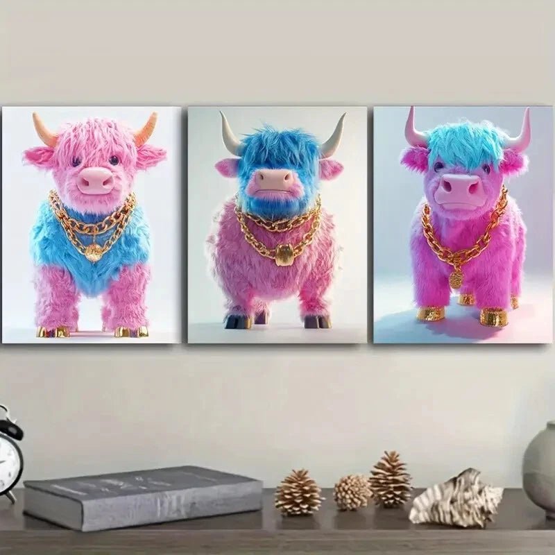3-Piece Pink Highland Cattle Wall Art Set - Framed Canvas 40x60cm (16x24in) - High Quality Print - Australian Made - Ready to Hang - Perfect for Living Room, Bedroom & Office Decor