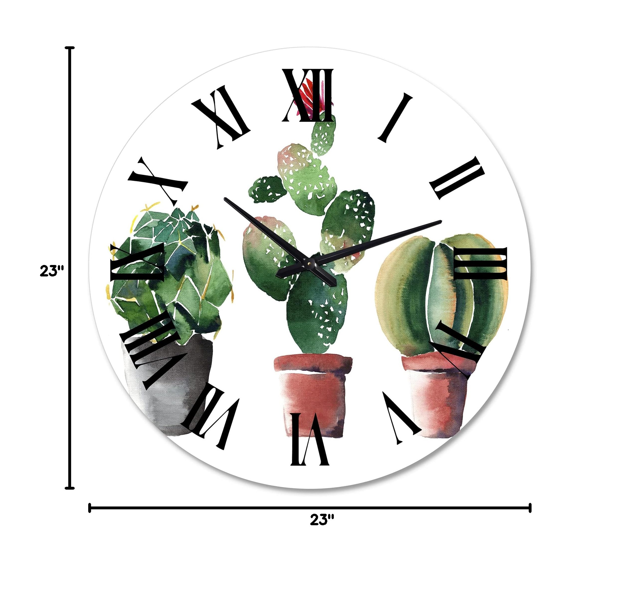 DesignQ Traditional Wall Clock 'Three Cactus in Clay Pots' - Large Floral & Botanical Wall Clock for Home, Office, Kitchen Decor | Perfect for Living Room, Bedroom & Farmhouse Style