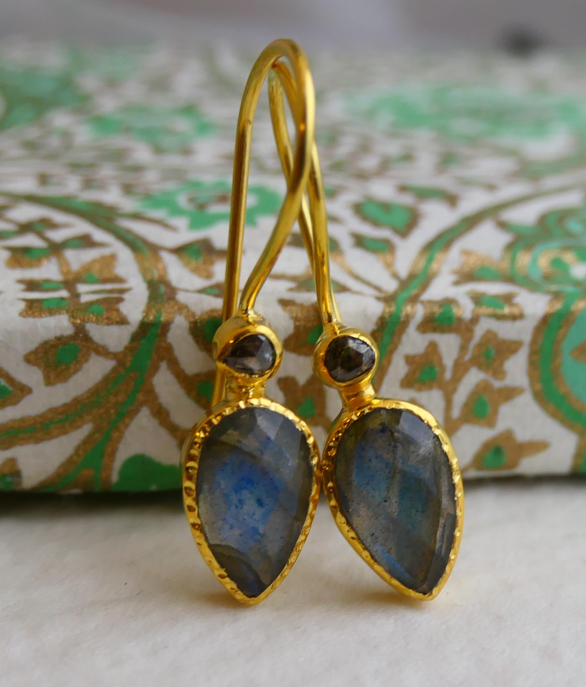 Labradorite and Diamond Gold Plated Sterling Silver Drop Earrings | Natural Gemstone Jewelry for Women | Handmade Birthday, Valentine's & Mother's Day Gift | Elegant Evening Wear & Special Occasion Accessories