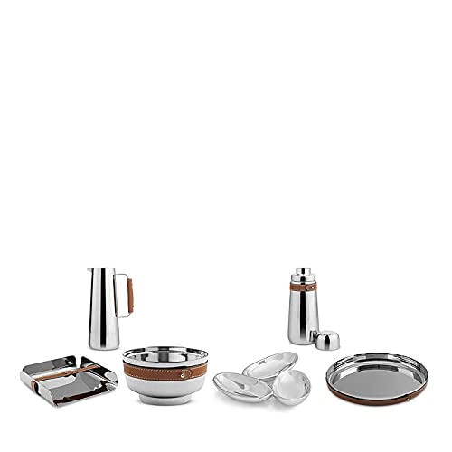 Nambe Tahoe Stainless Steel Bar Tray with Leather Accent - 13 Inch Round Metal Serving Tray with Raised Edges - Elegant Home Decor for Parties, Dining & Living Room Organization