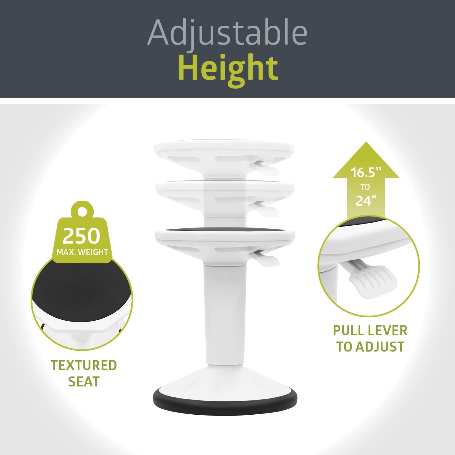 Pearington SitFree Height Adjustable Wobble Stool - Active Flexible Seating Chair for Kids & Adults - Ergonomic Office & Classroom Chair - White - Perfect for Home Office, School & Standing Desks