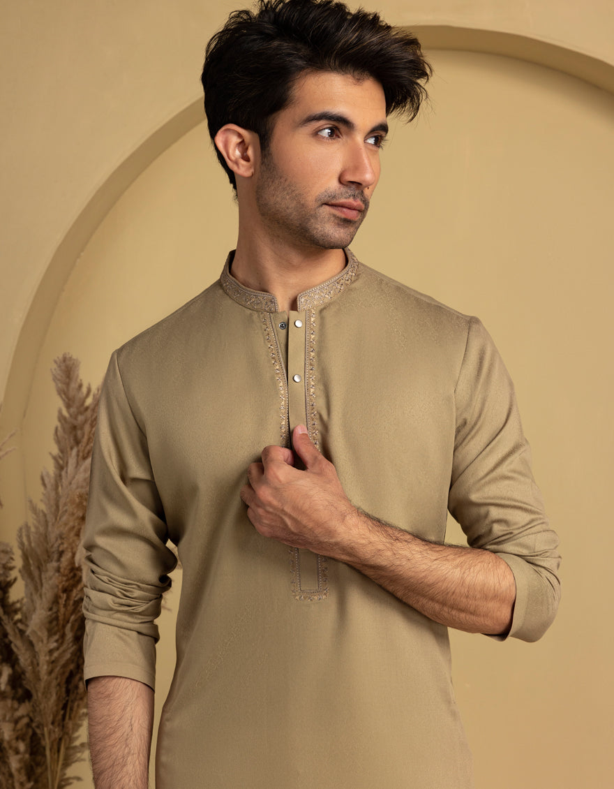 Stylish Blended Brown Kurta by J. Junaid Jamshed - Comfortable Cotton Ethnic Wear for Men - Perfect for Festivals, Weddings & Casual Outings
