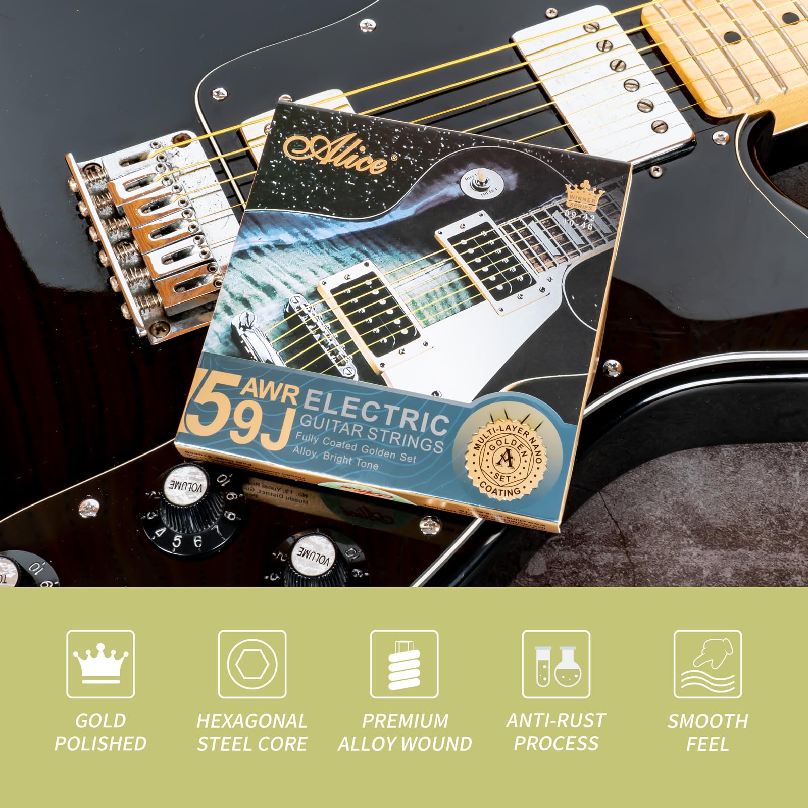 Alice Coated Electric Guitar Strings - Alloy Steel Winding with Gold Polish for Smooth Feel & Warm Bright Tone - Super Light 09-42 Gauge - Ball End with String Label - Easy to Install - Perfect for Rock, Blues & Jazz Performances
