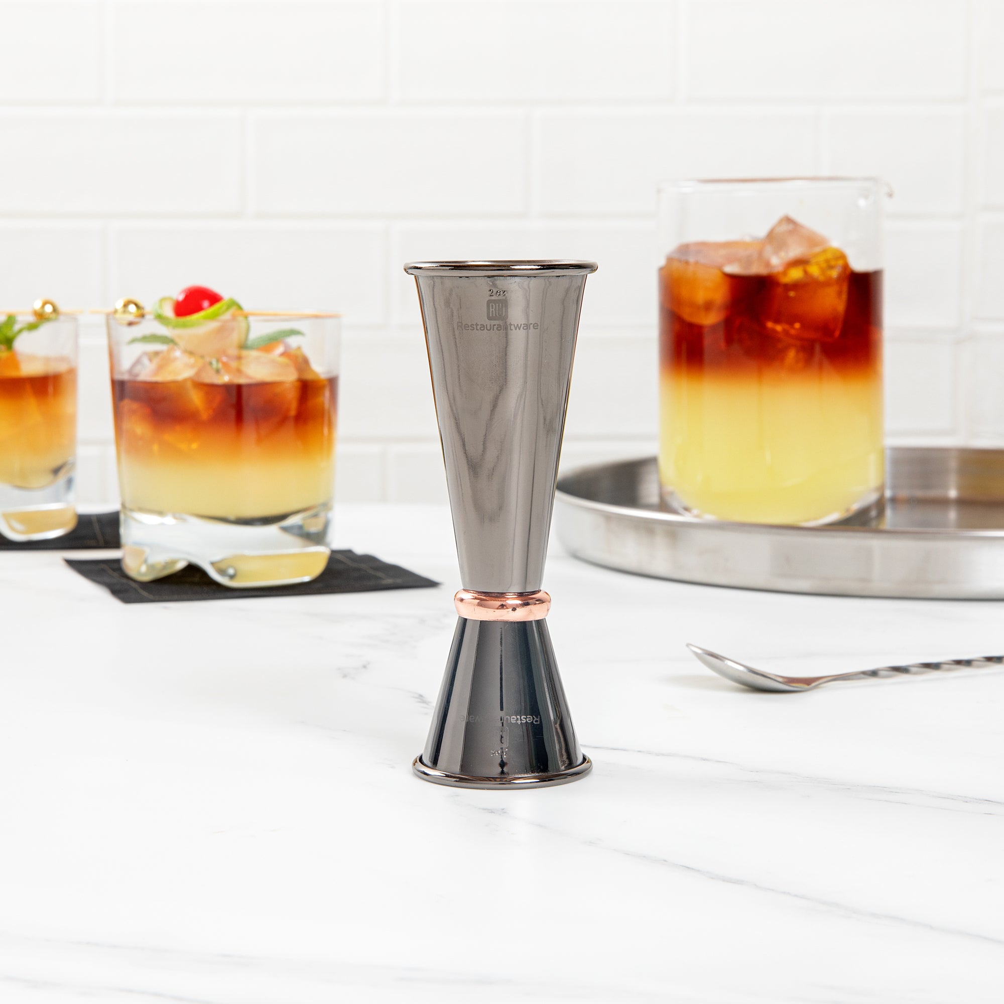 1 oz & 2 oz Black Stainless Steel Japanese Style Jigger with Copper Ring - Professional Cocktail Measuring Cup for Bartenders & Home Mixology - Perfect for Craft Cocktails, Bar Tools & Gift Sets