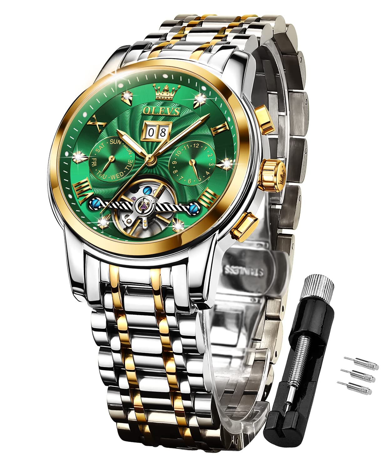 OLEVS Automatic Men's Luxury Stainless Steel Dress Watch - Self-Winding Waterproof Skeleton Tourbillon Wristwatch with Multi-Date Display | Perfect for Business, Formal Events & Gift Giving
