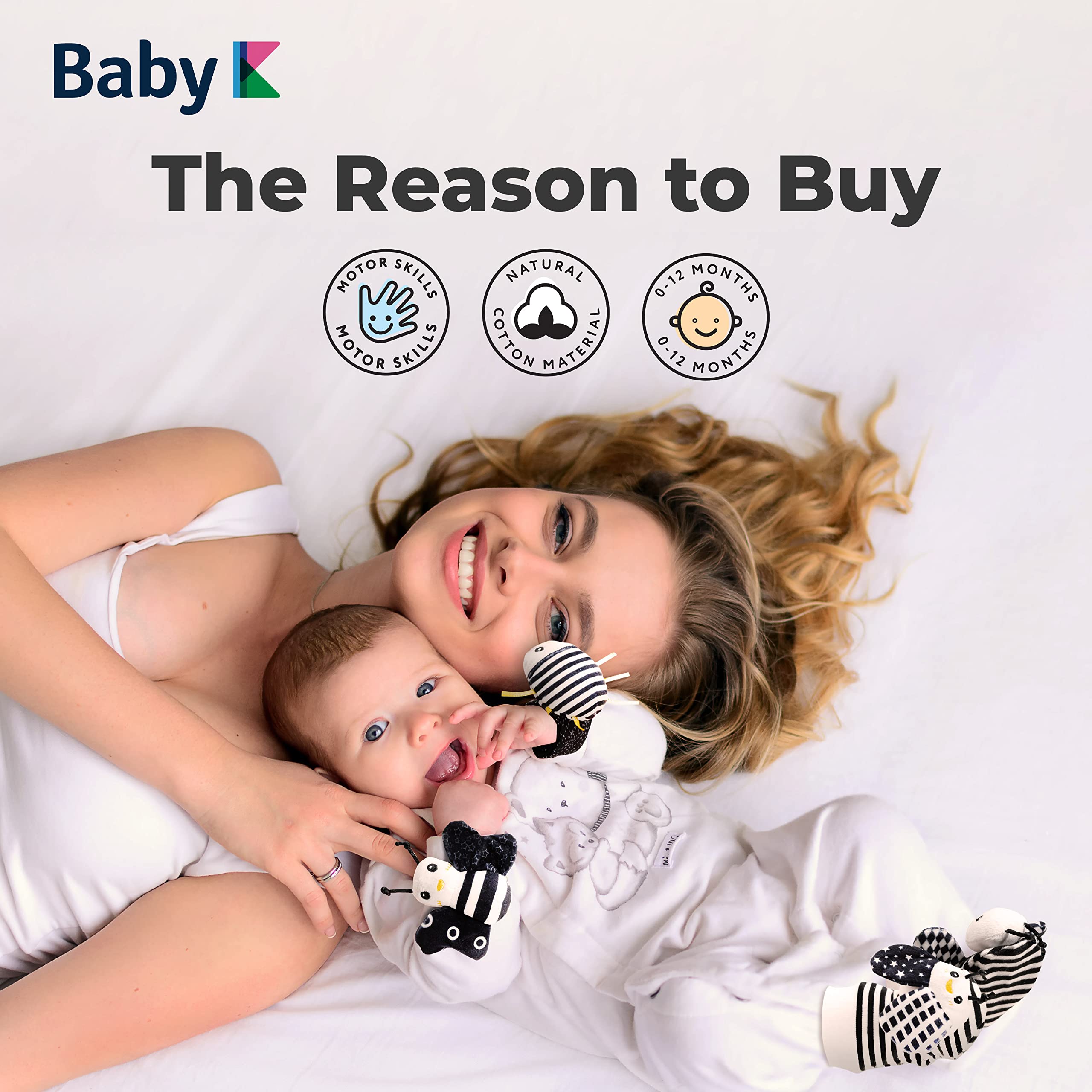 BABY K Baby Rattle Socks & Wrist Toys Set E - Newborn Infant Developmental Toys for Boys & Girls 0-12 Months - Soft Hand & Foot Rattles for Sensory Play & Brain Growth - Perfect Baby Shower Gift for Crawling & Tummy Time Activities