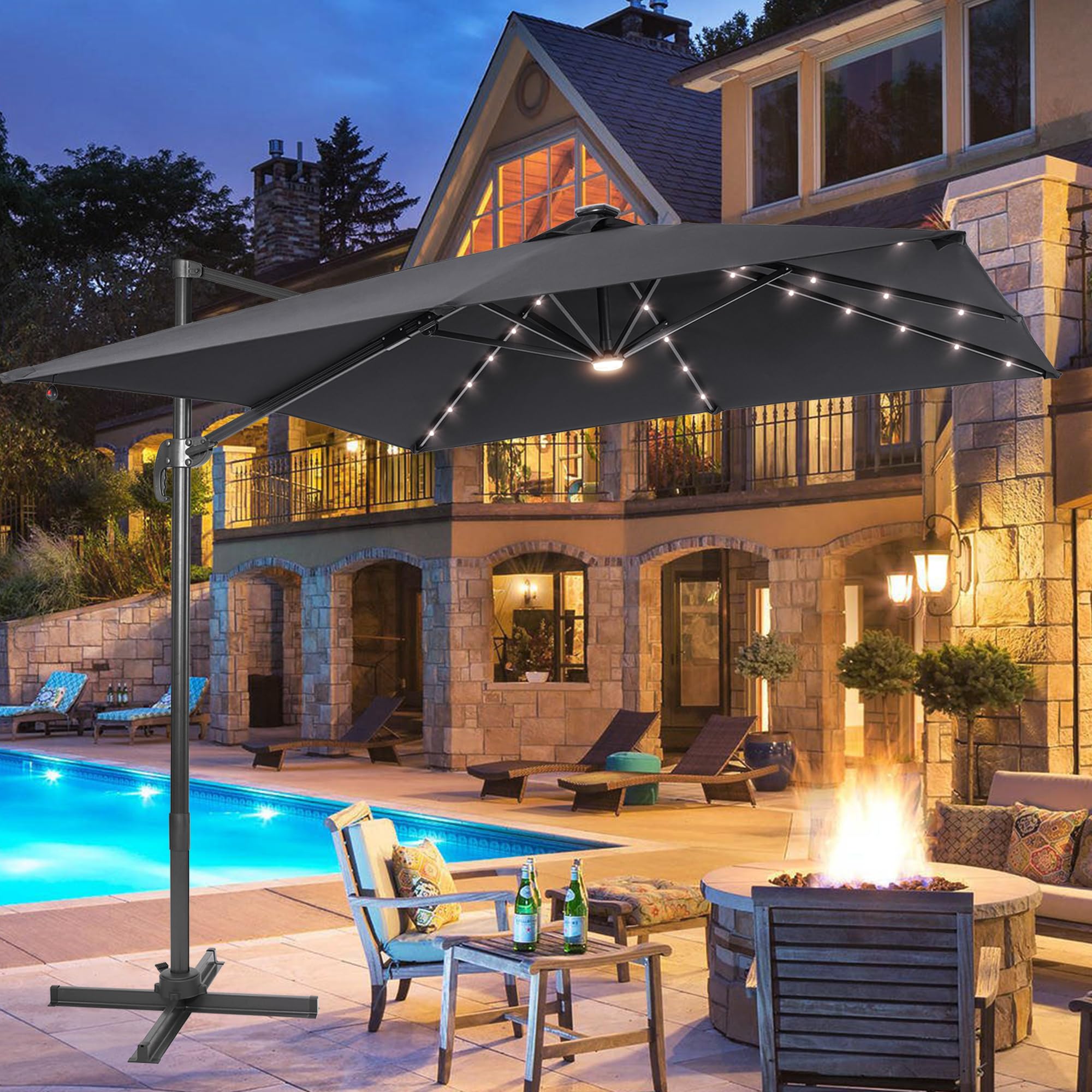 FLAME&SHADE 10x8FT Outdoor Cantilever Patio Umbrella with Solar LED Lights - 360° Rotating Aluminum Offset Square Sun Shade for Pool, Backyard, Garden - Perfect for Outdoor Dining, Lounging & Entertaining
