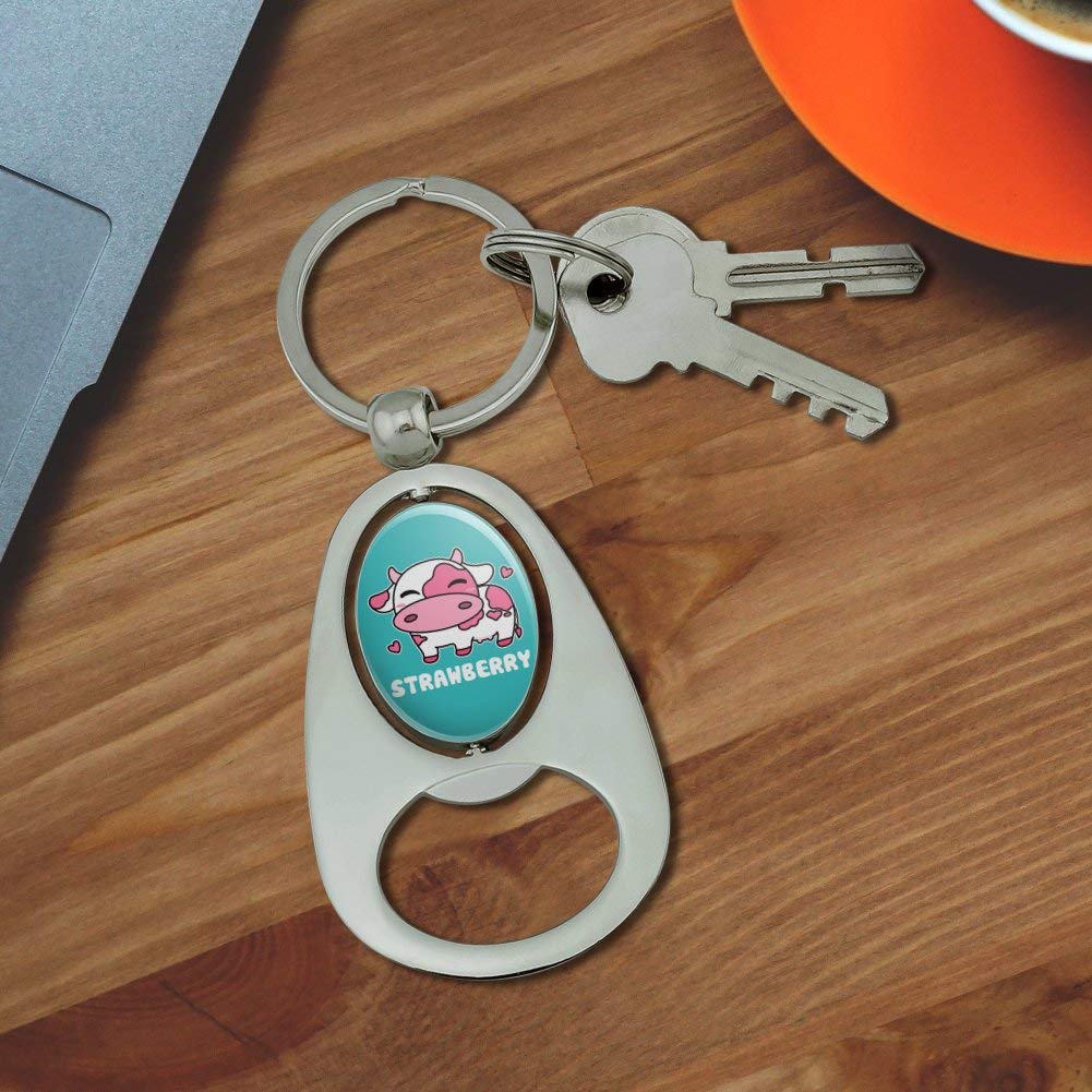 Cute Kawaii Strawberry Milk Cow Keychain - Chrome Metal Spinning Oval Bottle Opener for Gifts, Bags & Keys | Fun Anime Accessories for Girls & Teens