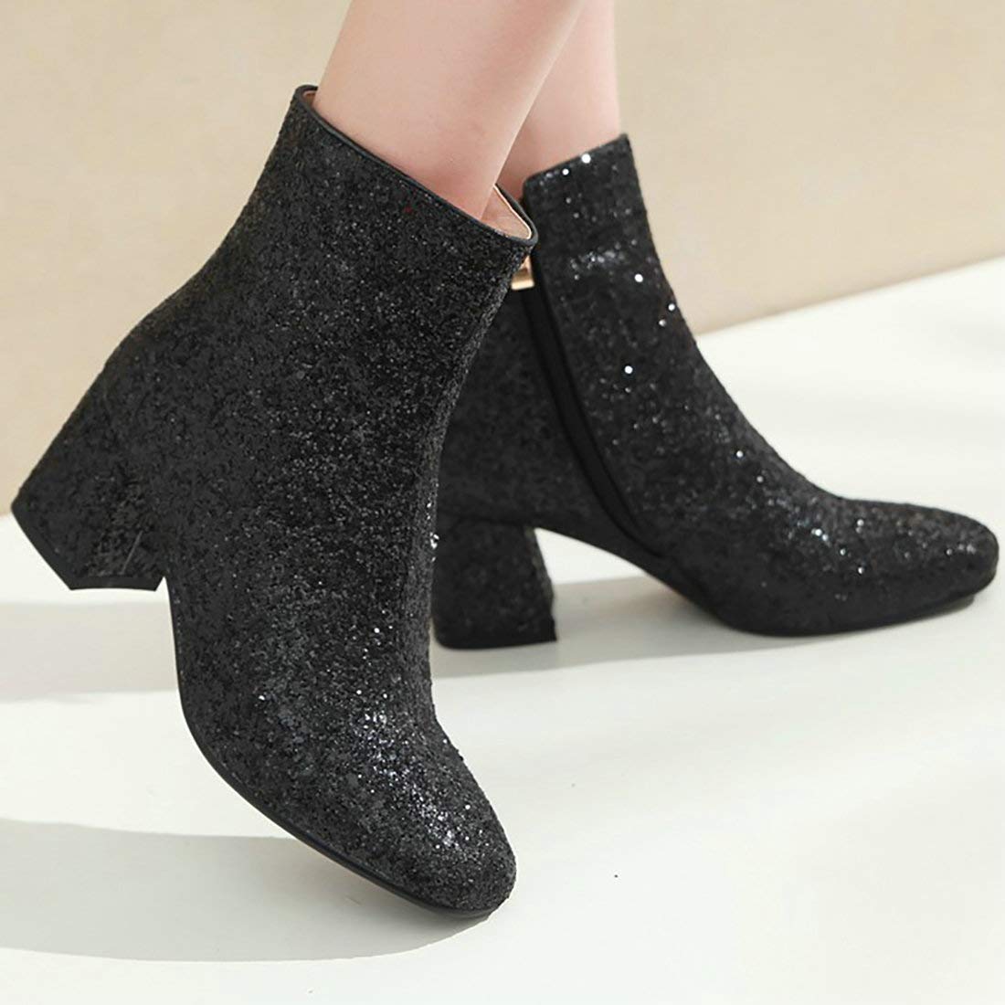 MAVMAX Women's Sequin Glitter Ankle Boots - Chunky Heel Sparkly Booties for Party, Night Out & Holiday | Comfortable & Stylish Dress Shoes