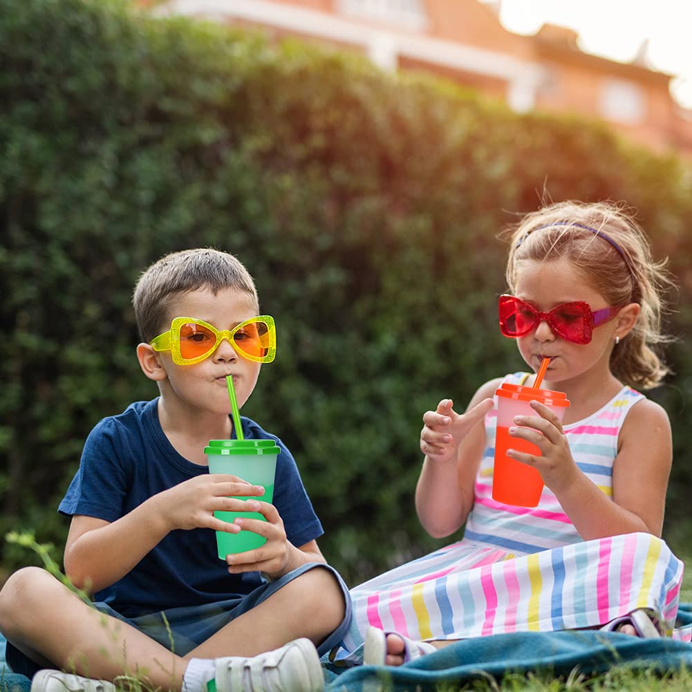 12oz Color Changing Reusable Plastic Cups with Straws & Lids - 10 Pack Kids Cold Drink Tumblers for School, Parties, and Outdoor Activities