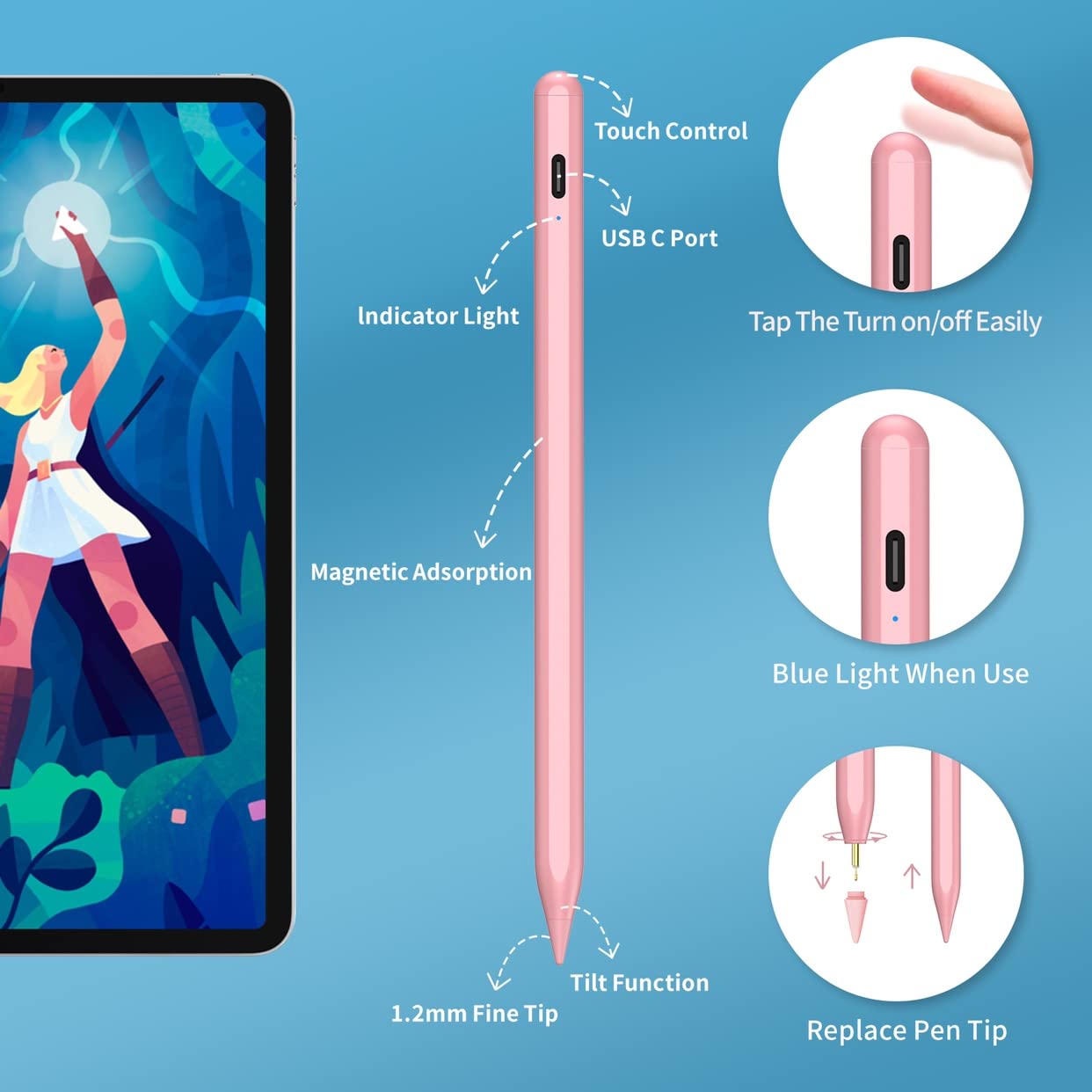Fast Charging Stylus Pen for iPad 9th & 10th Generation - 5X Quick Charge Digital Pencil Compatible with iPad Pro 11/12.9 Inch (2018-2023), iPad 6-10 Gen, iPad Mini 5-6, iPad Air 3-5 - Pink - Perfect for Drawing, Note Taking & Professional Design Work