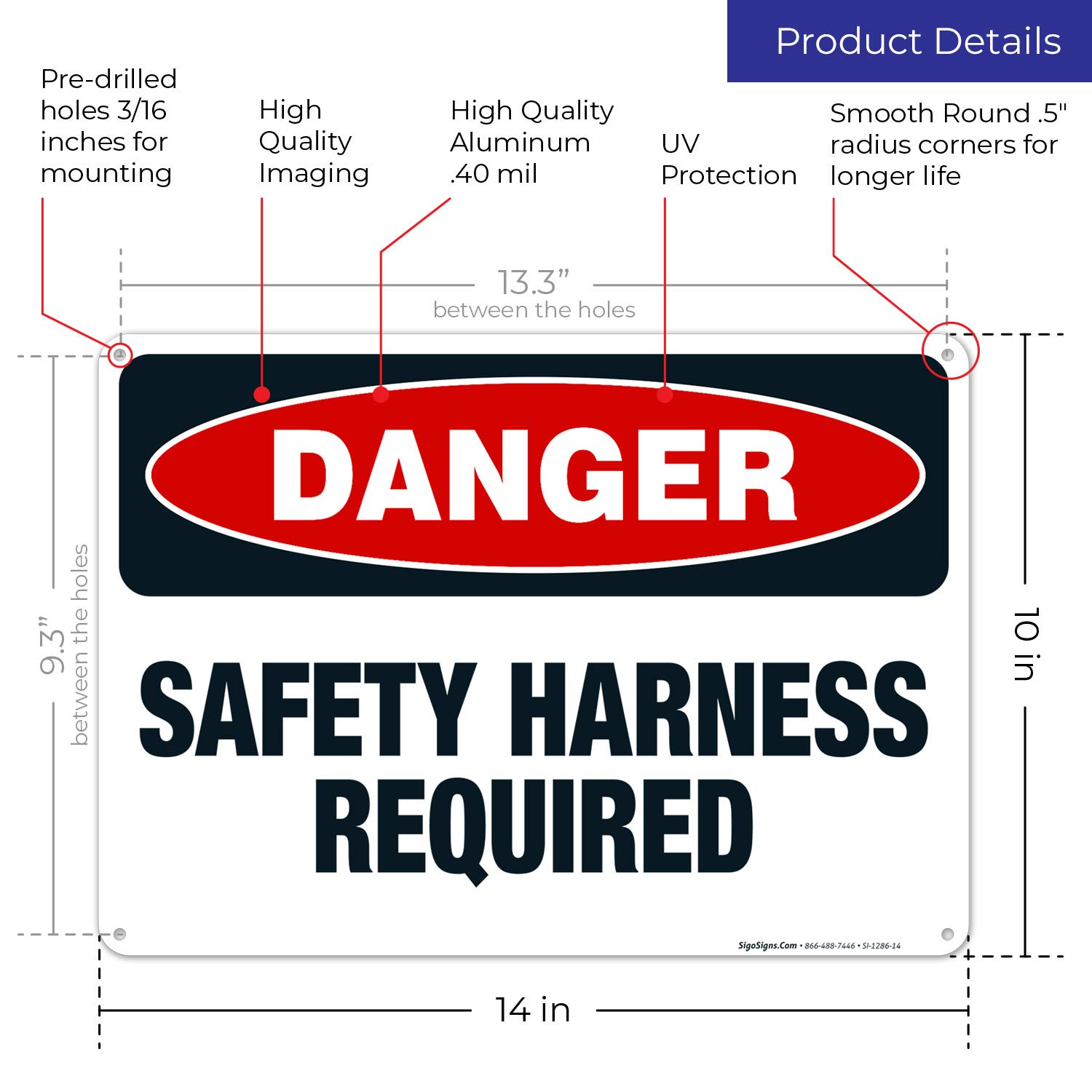 Danger Safety Harness Required Sign - OSHA Compliant 10x14 Inches, Rust-Free .040 Aluminum, Fade-Resistant for Indoor/Outdoor Use - Made in USA | Workplace Safety, Construction Sites, Warehouse Warning Signs