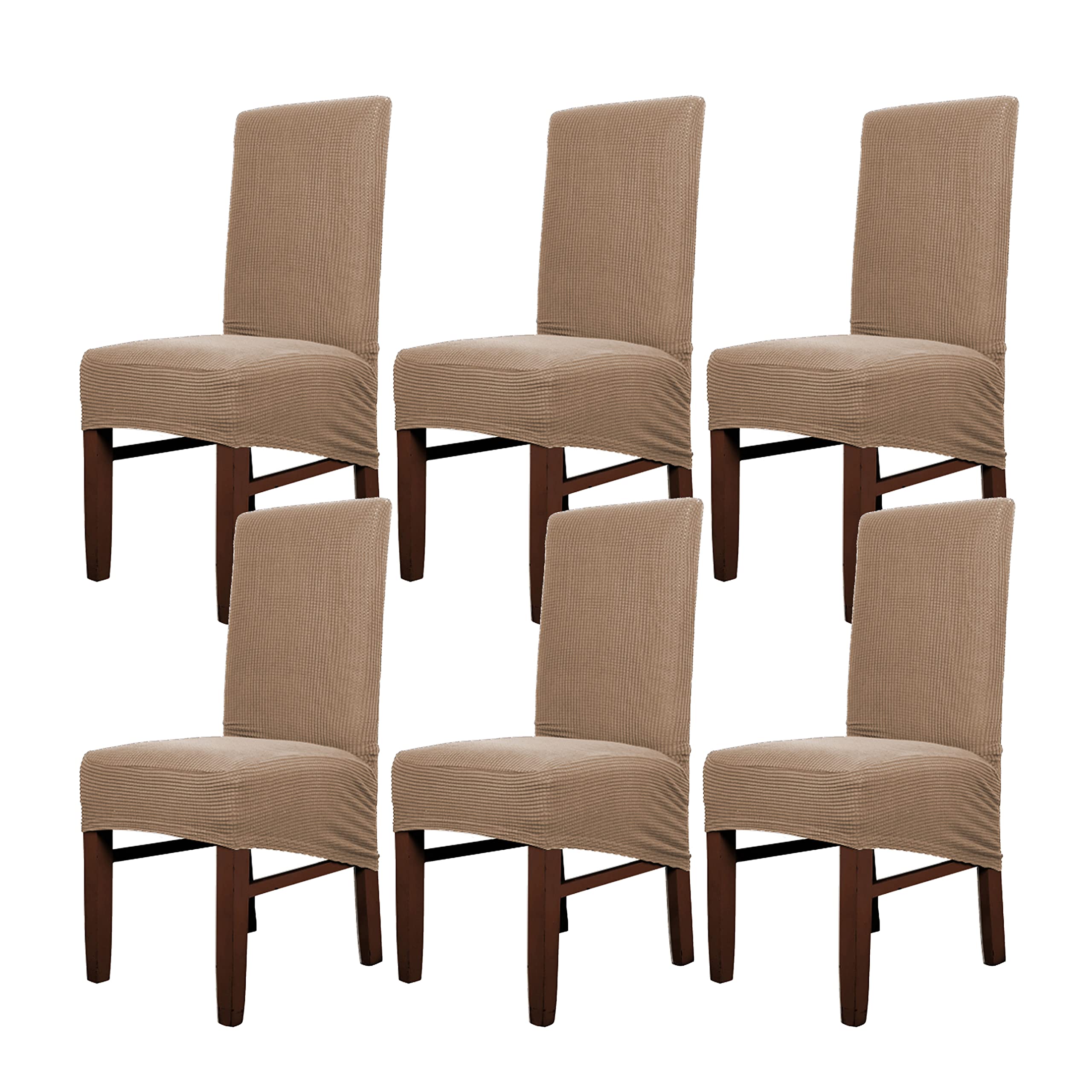 SANOCAY 6-Piece Elastic Dining Chair Covers - Stretchable Jacquard Fabric, Washable & Removable High-Back Parsons Chair Slipcovers for Kitchen, Restaurant, Hotel (Sand Color) - Perfect for Home Decor, Banquets & Commercial Use
